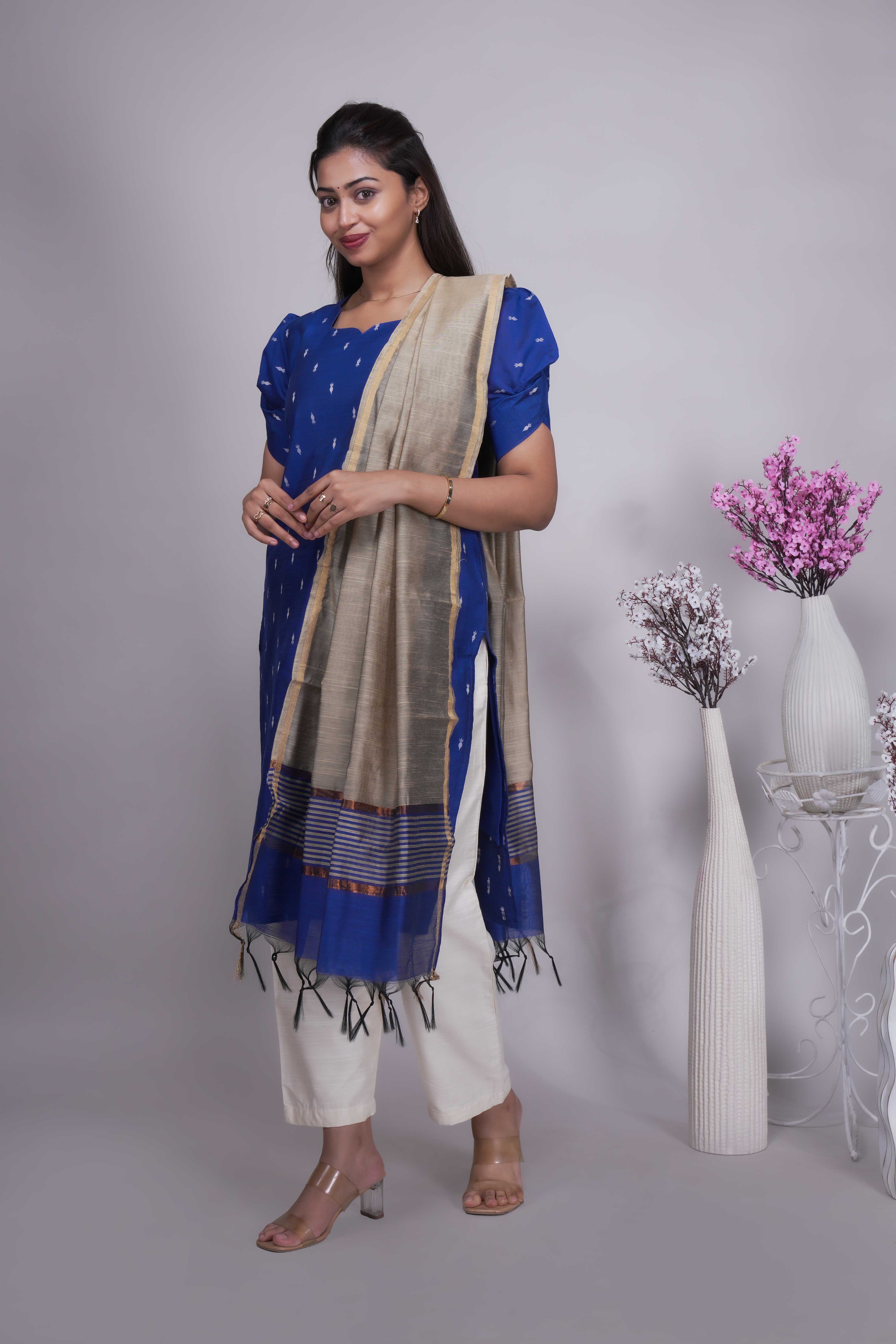 Royal Blue Butta Straight cut salwar suit with Off-White Pants & Woven Tassel Dupatta Set