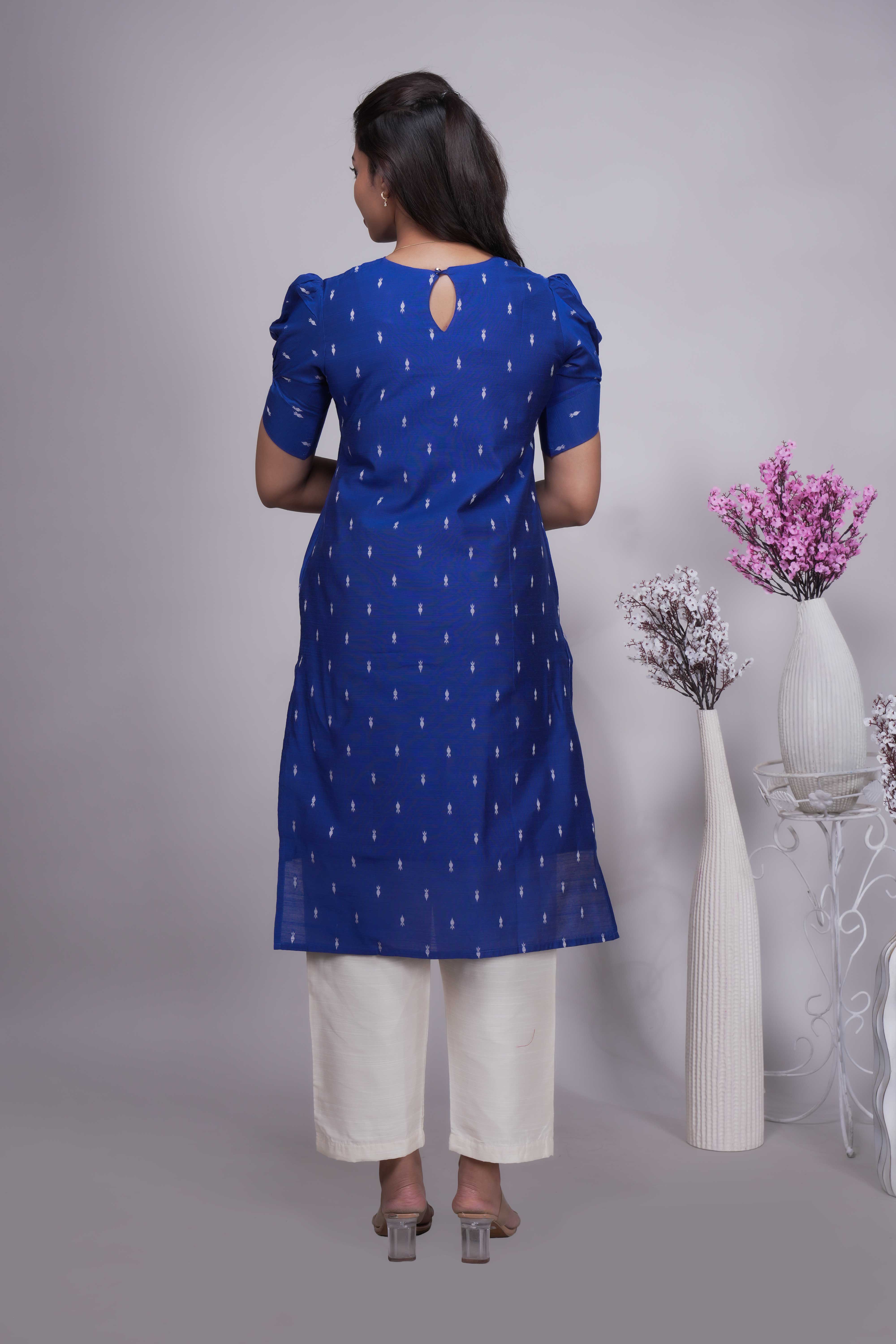Royal Blue Butta Straight cut salwar suit with Off-White Pants & Woven Tassel Dupatta Set