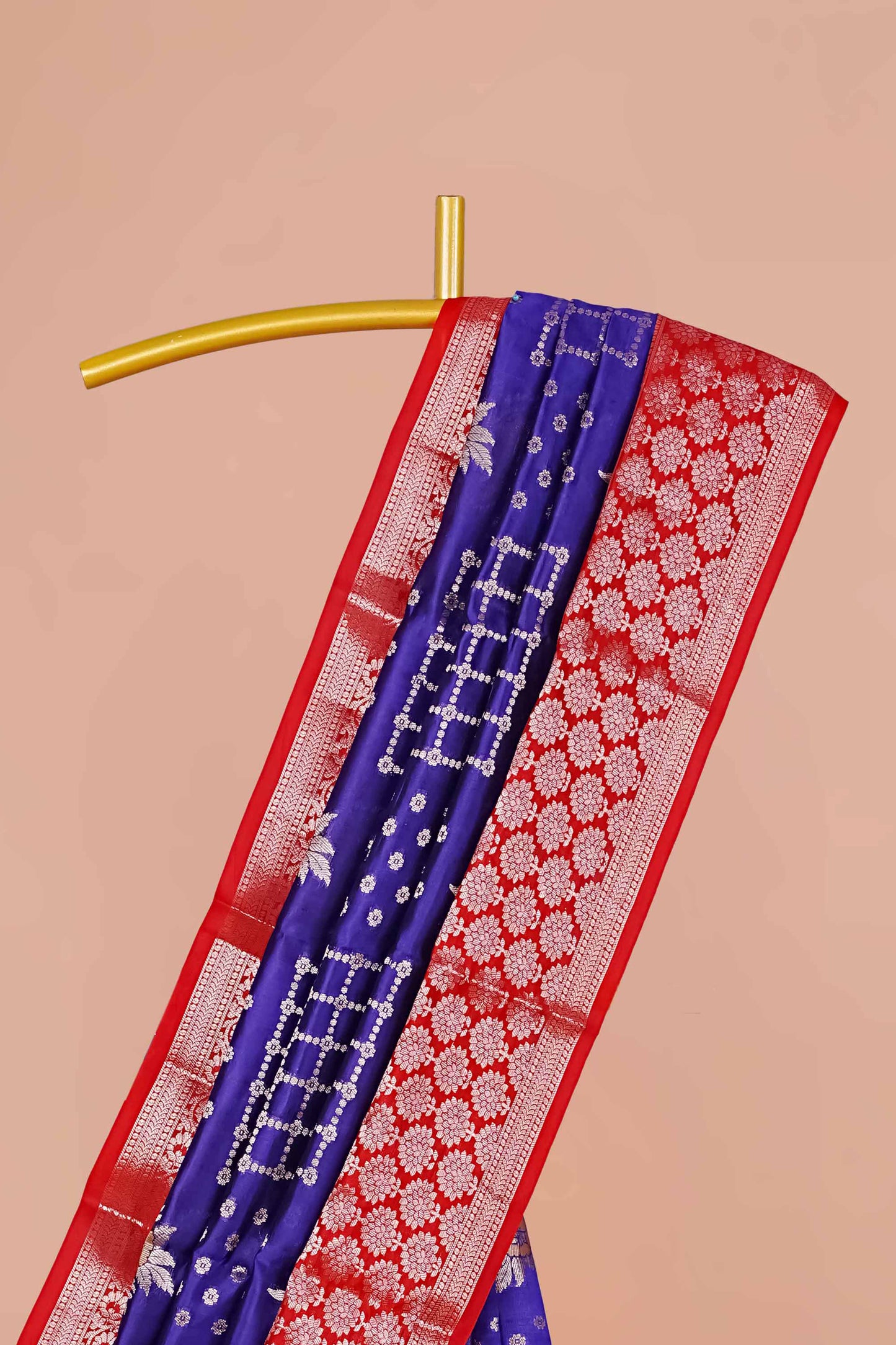 Pure Tussar Silk Saree in Royal Blue with Red Border and Intricate Silver Zari Work – Traditional Banarasi Style