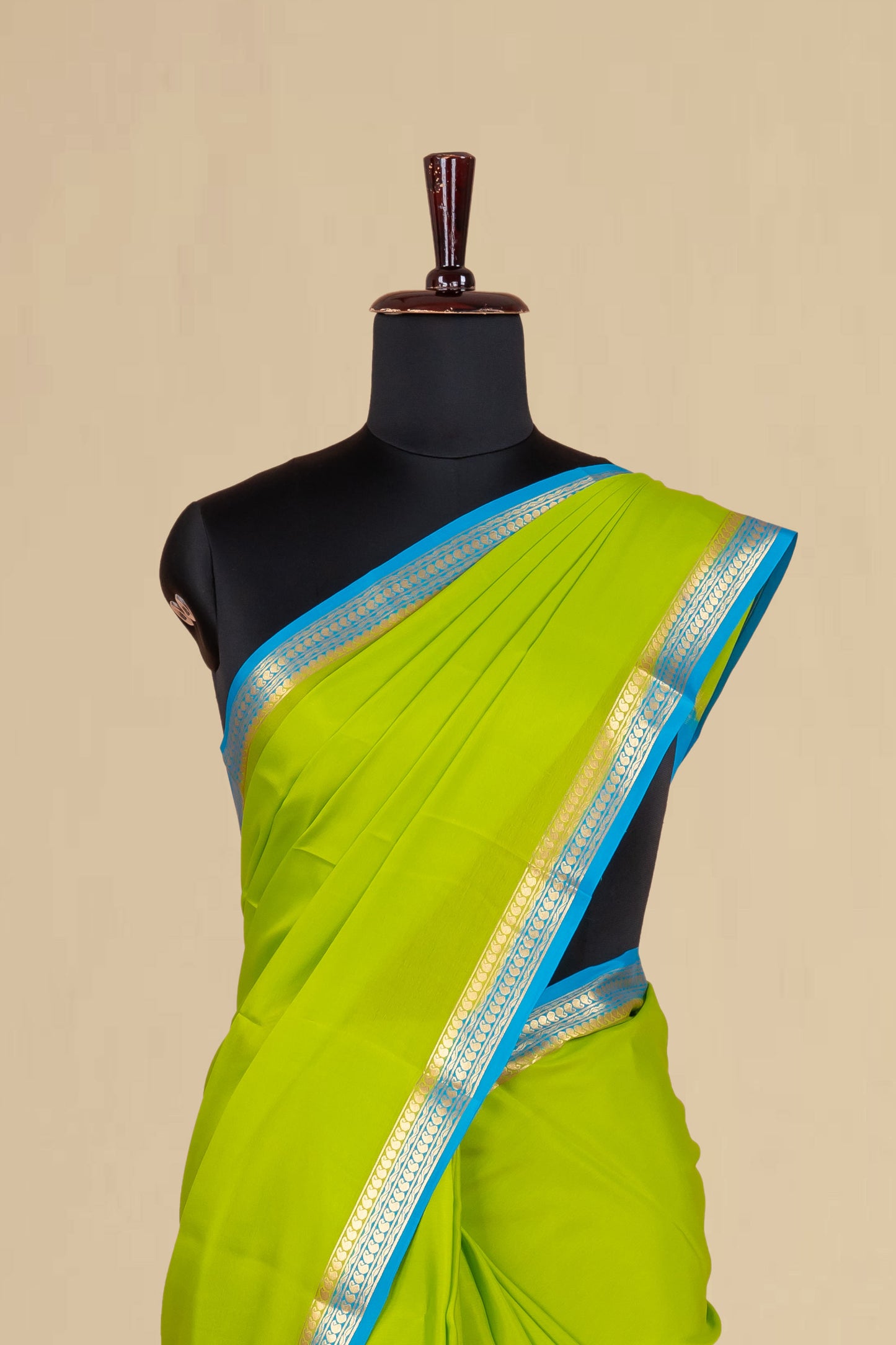 Vibrant Lime Green Pure Mysore Silk Saree with Bright Blue Silver-Toned Zari Border, Soft Draping Texture & Coordinated Designer Pallu
