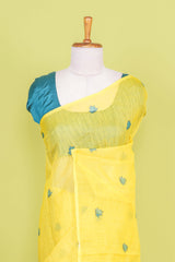 Yellow Linen Saree Flower Motifs Across The Body With Contrast Floral Design Pallu Along With Blouse