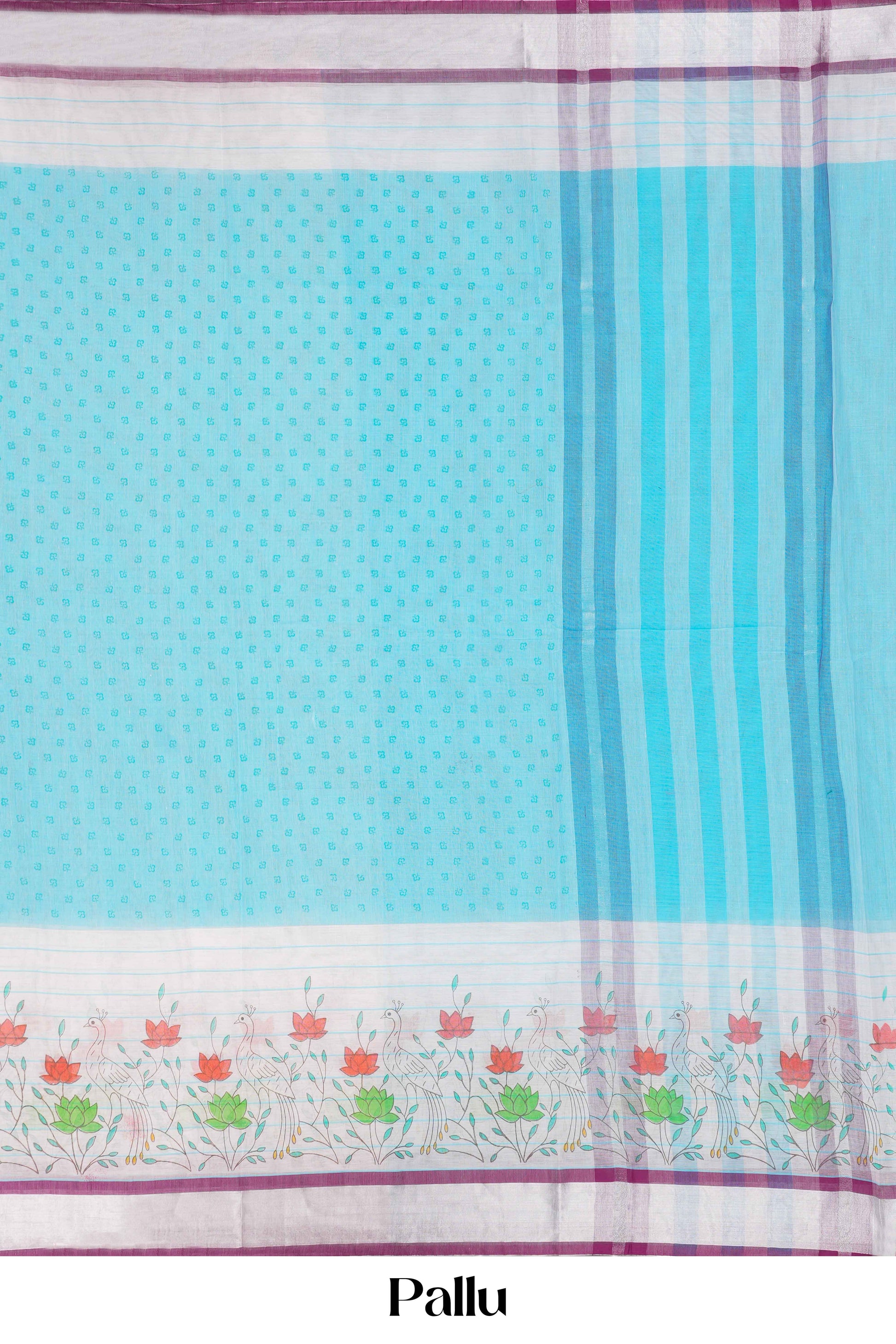 Light blue chirala saree with floral patterns and silver border