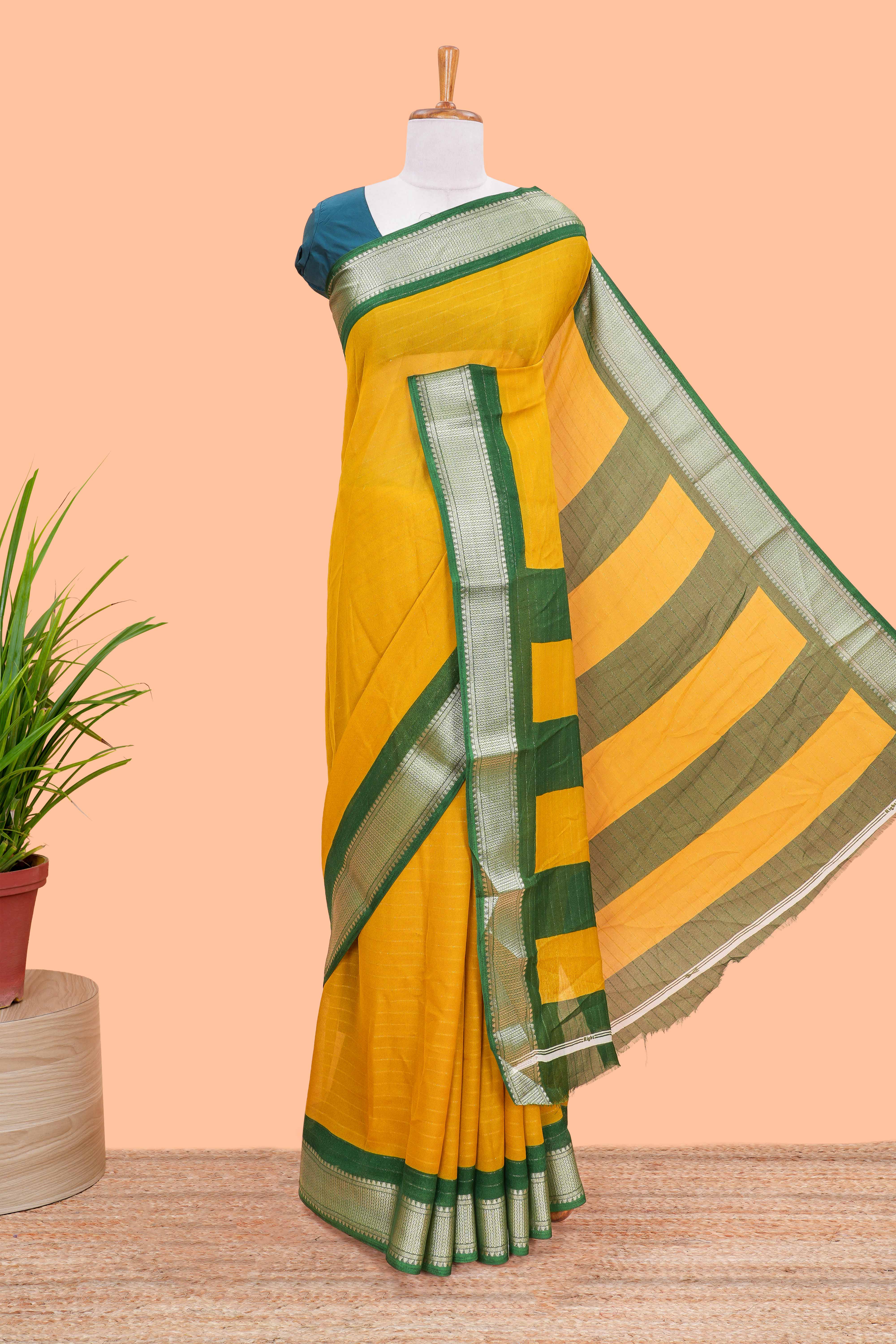 Mustard stripes crepe chiffon saree with contrast border and blouse