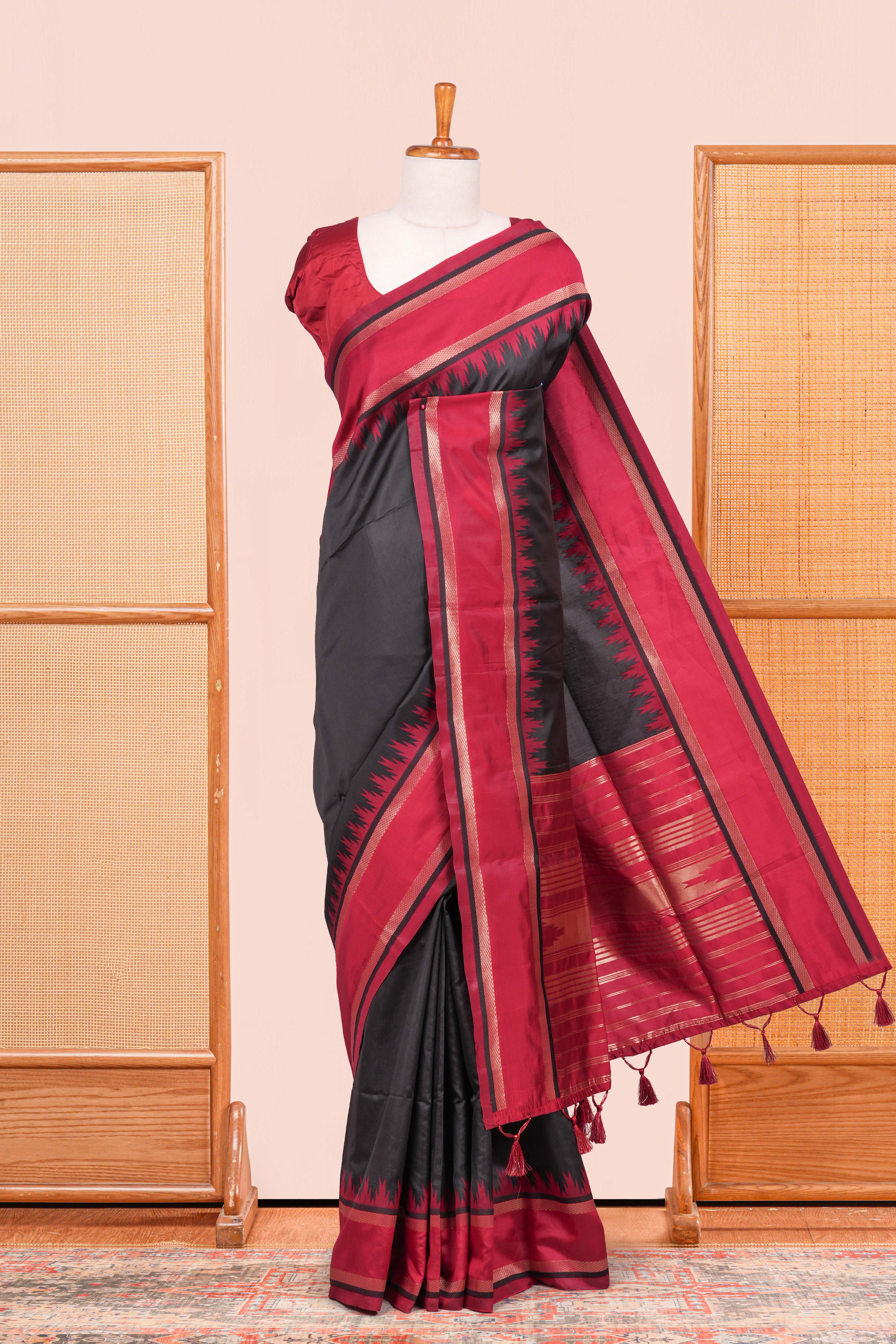Black Art Silk Saree With Plain Body Contrast Gold Zari Stripes Pallu