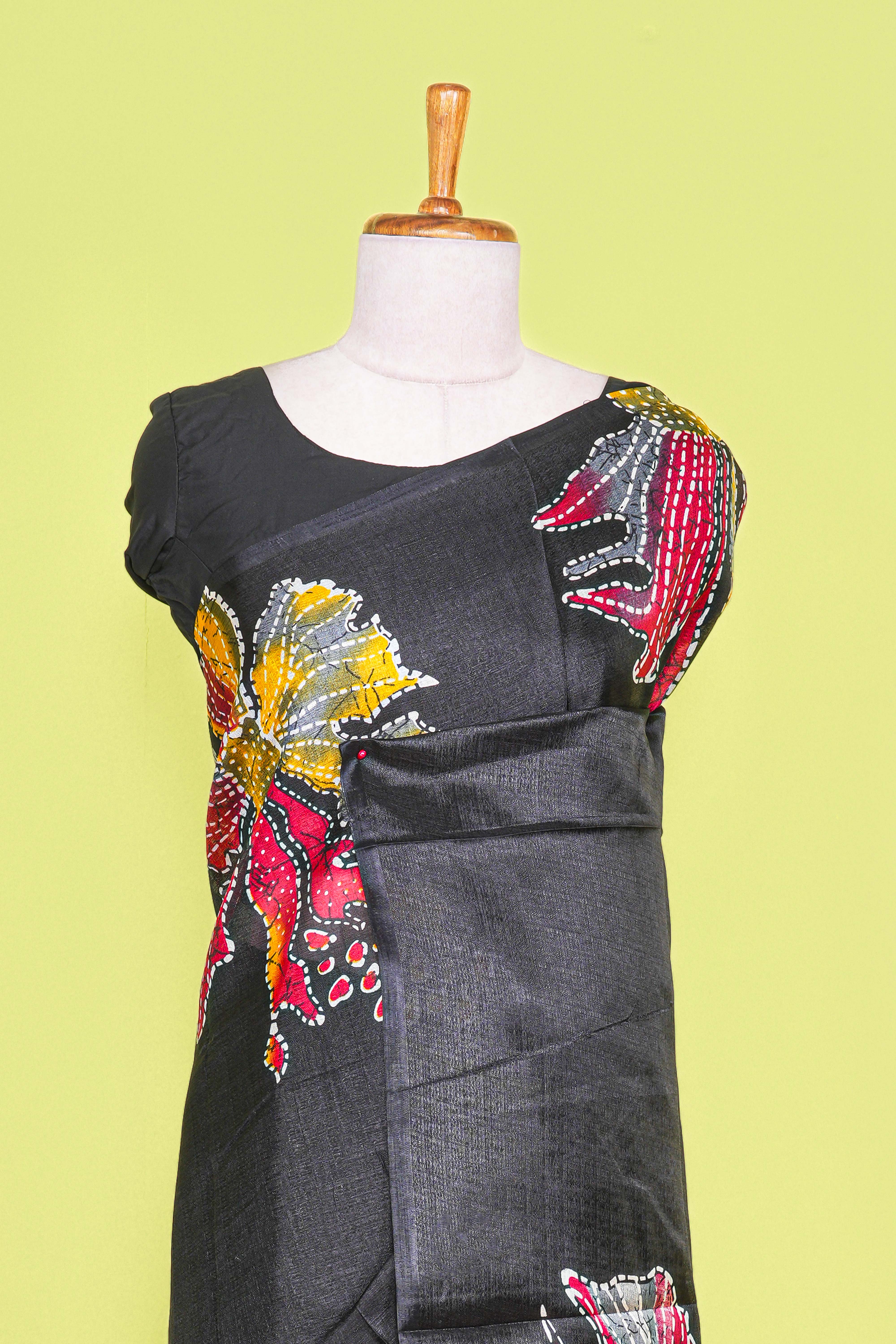 Black south cotton Saree With Multi Color Orchid Printed Across The Body Along With White Dotted Blouse