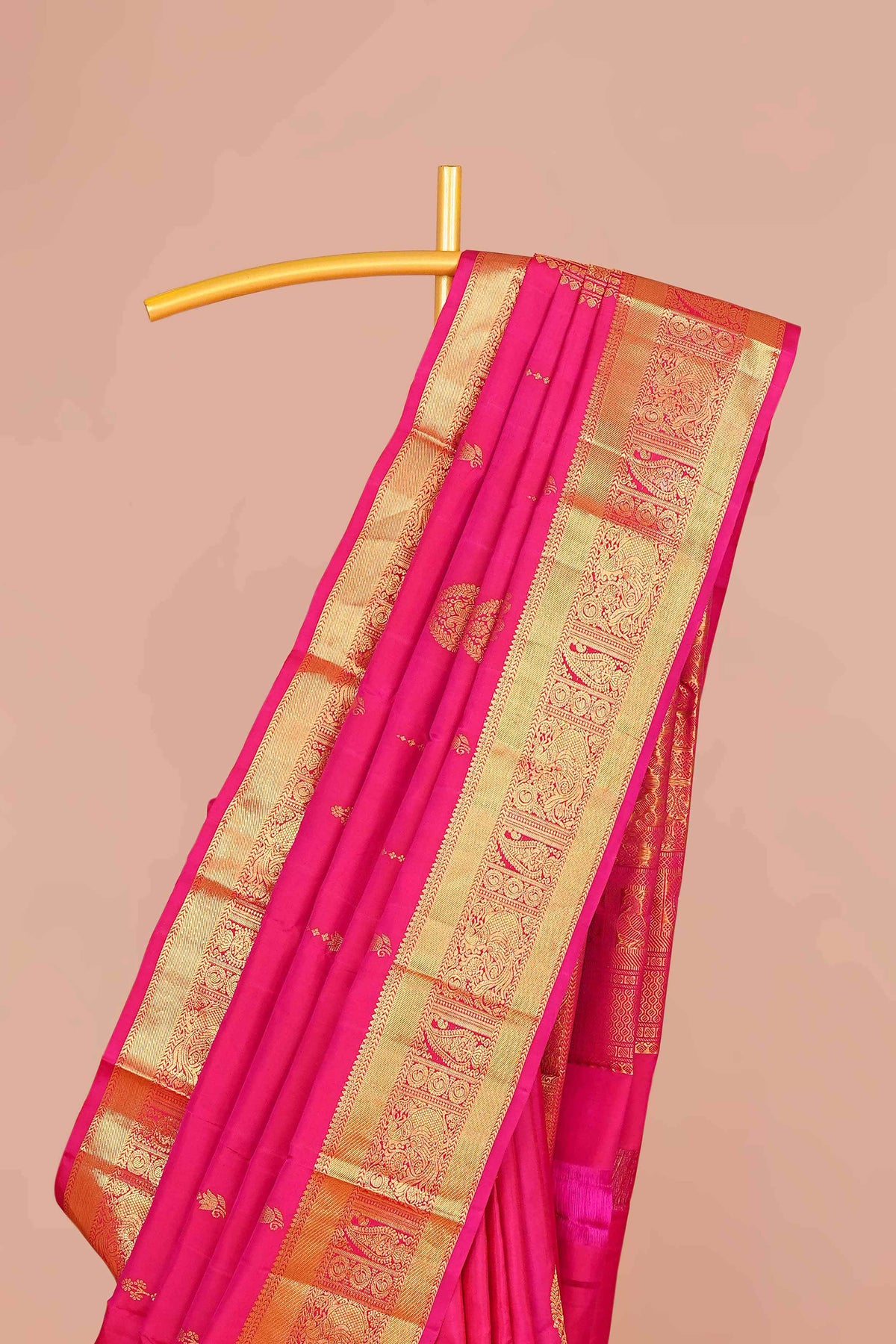 Rani Pink & Gold Self-Butta Kanchipuram Pure Silk Saree with Rich Zari Border