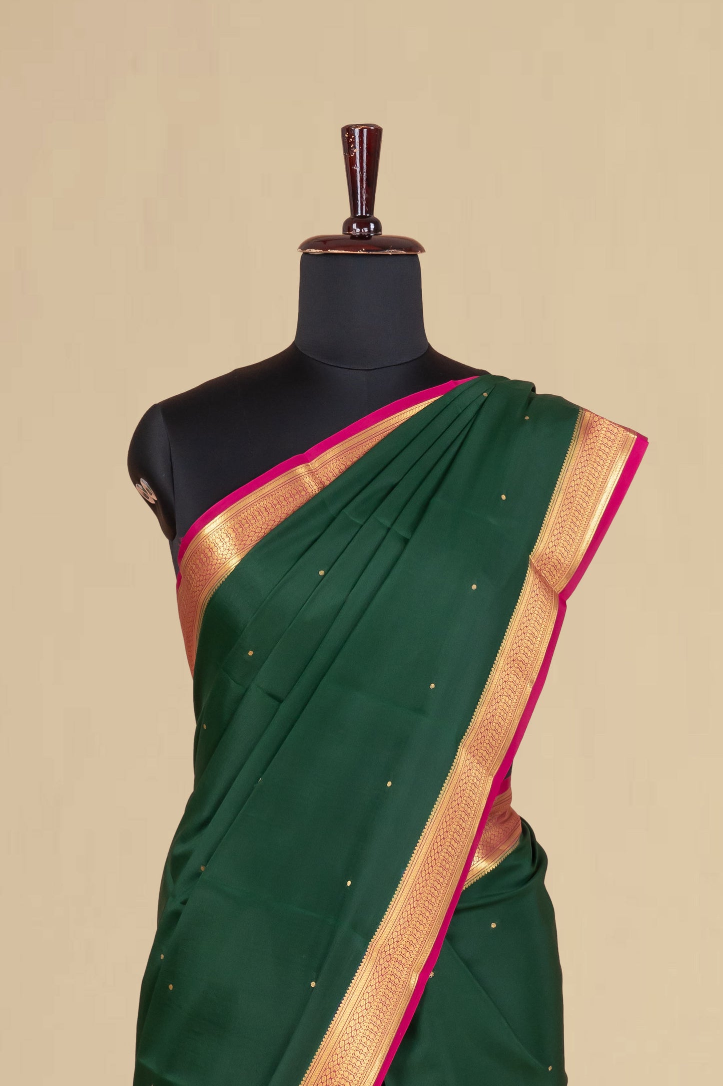 Bottle Green Pure Mysore Silk Saree with Contrast Pink-Gold Border, Subtle Gold Butta & Elegant Pallu
