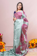 pastel green south cotton Saree All- Over Spiral Digital Print Along With Blouse