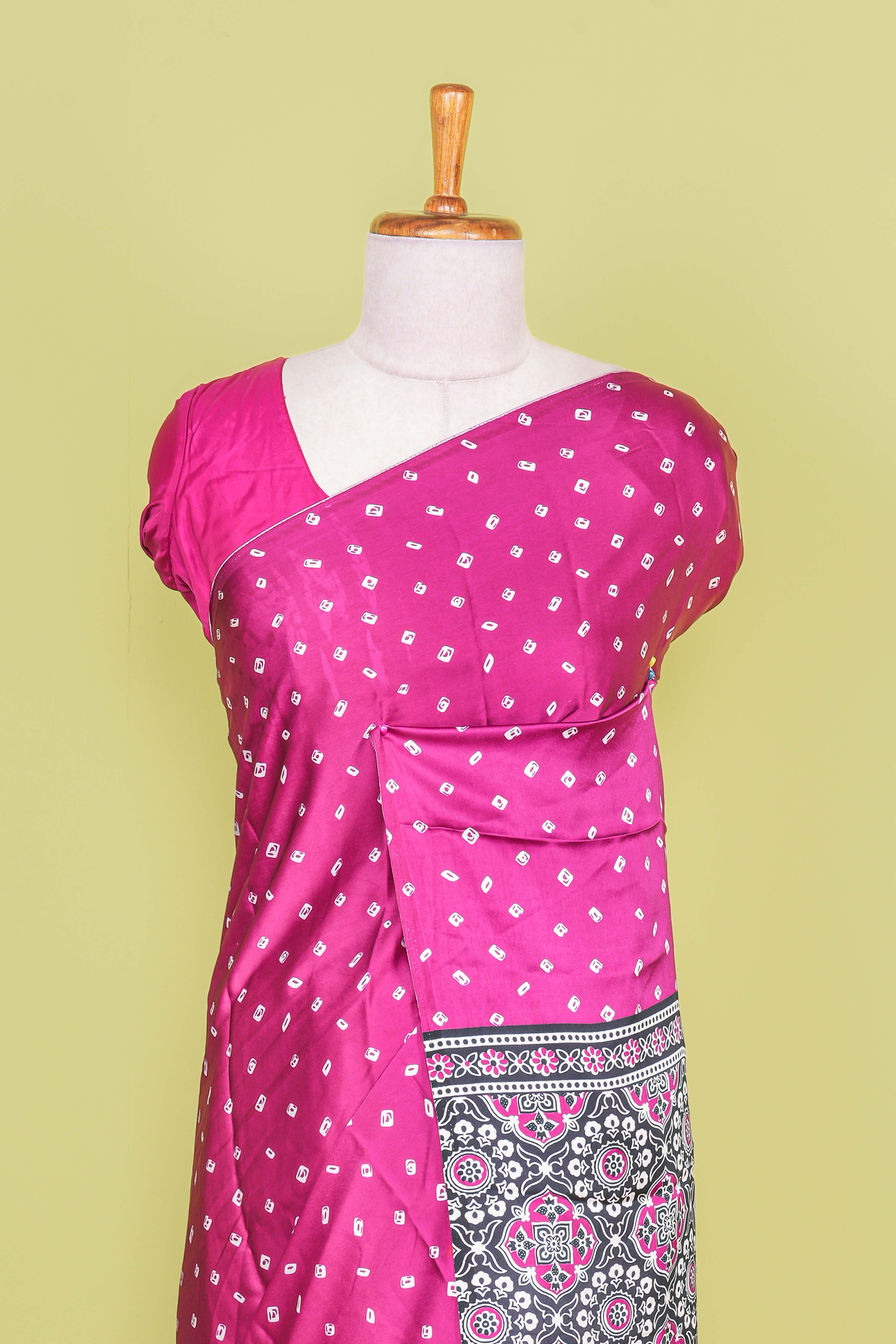 Pink Modal Silk Saree Bandhani Print Across The Body With Ajrakh Design Pallu Along With Blouse