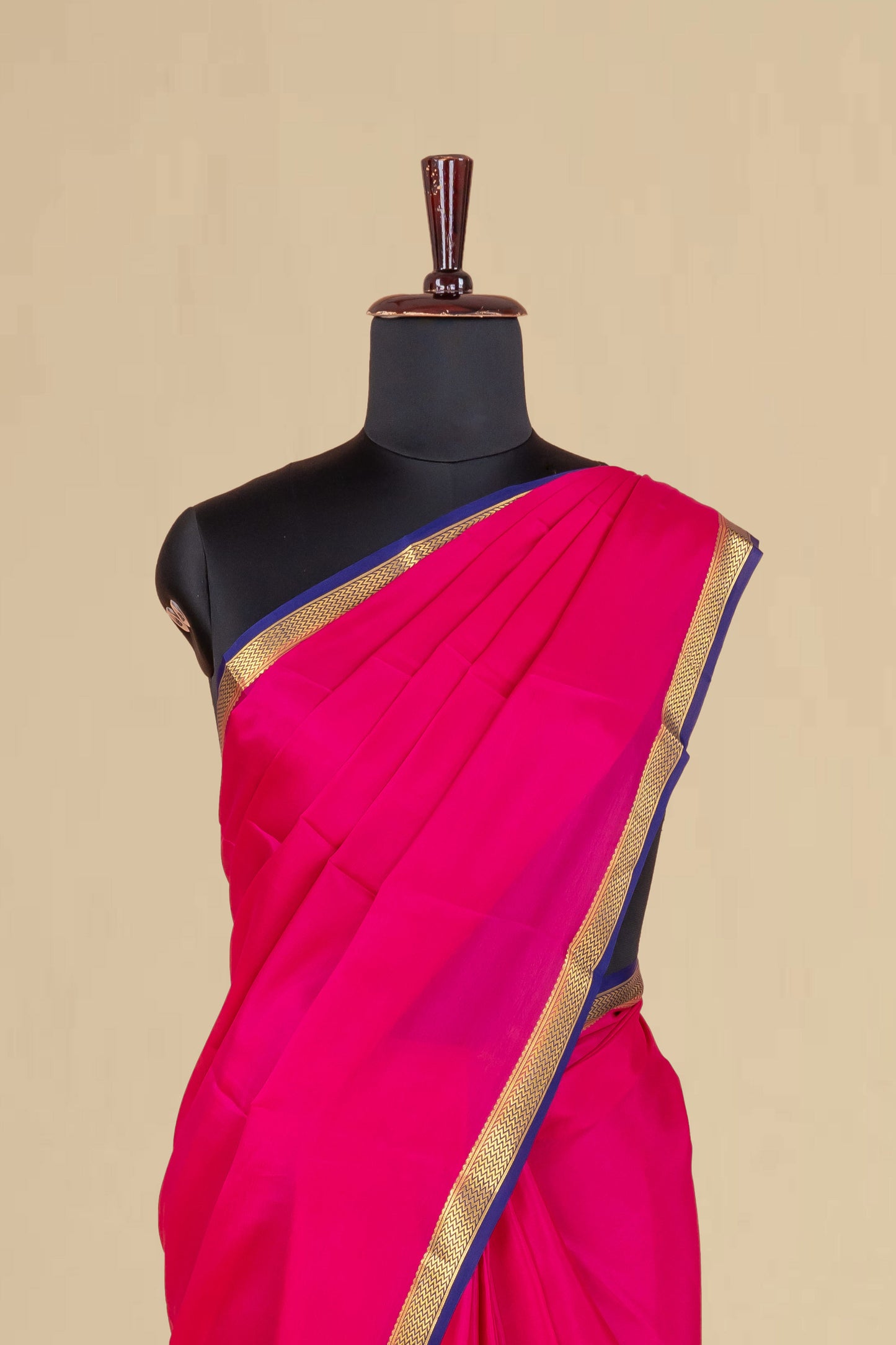 Vibrant Rani Pink Pure Mysore Silk Saree with Contrasting Blue-Gold Zari Border & Elegant Striped Blue-Gold Pallu