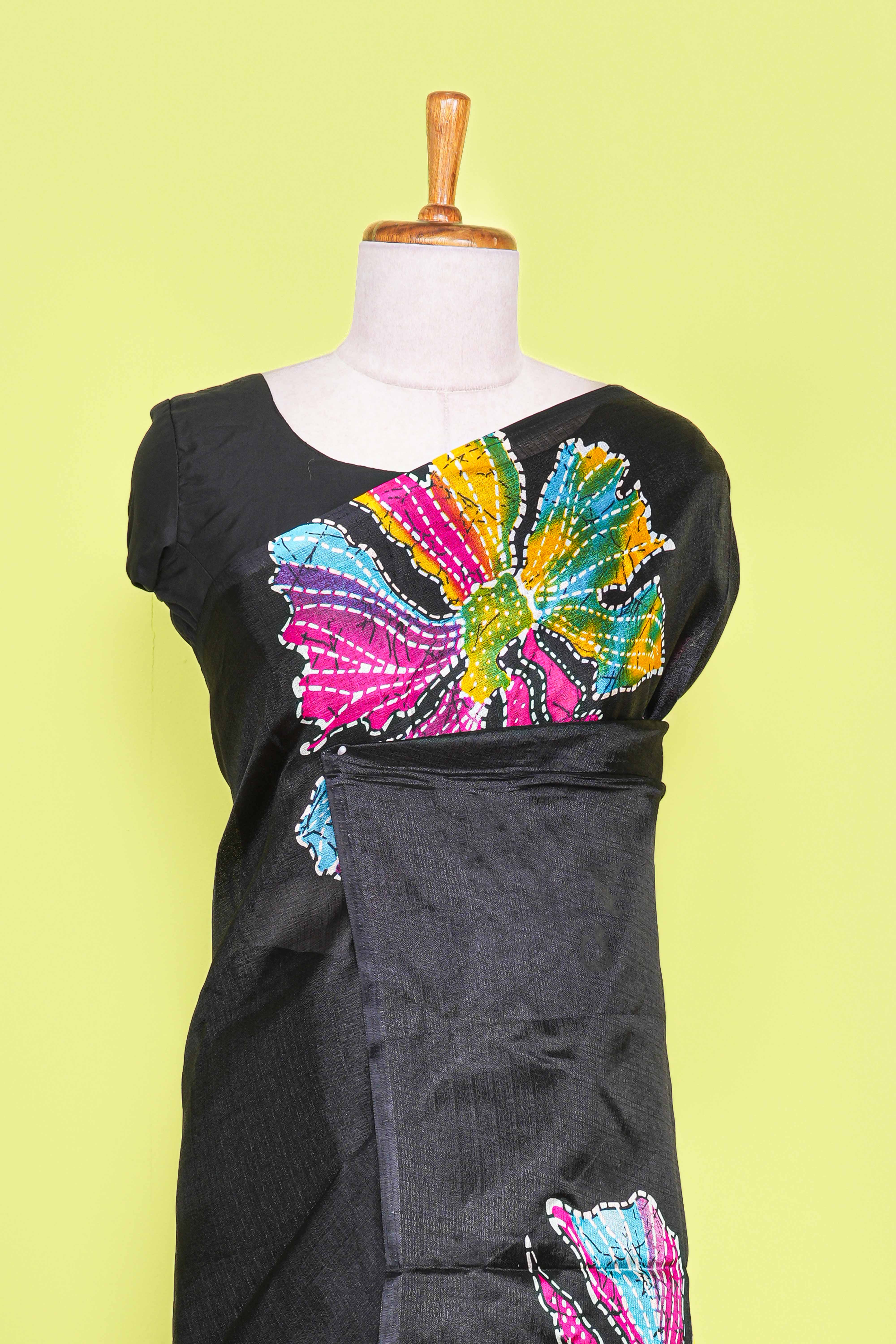 Black south cotton Saree With Multi Color Orchid Printed Across The Body Along With White Dotted Blouse