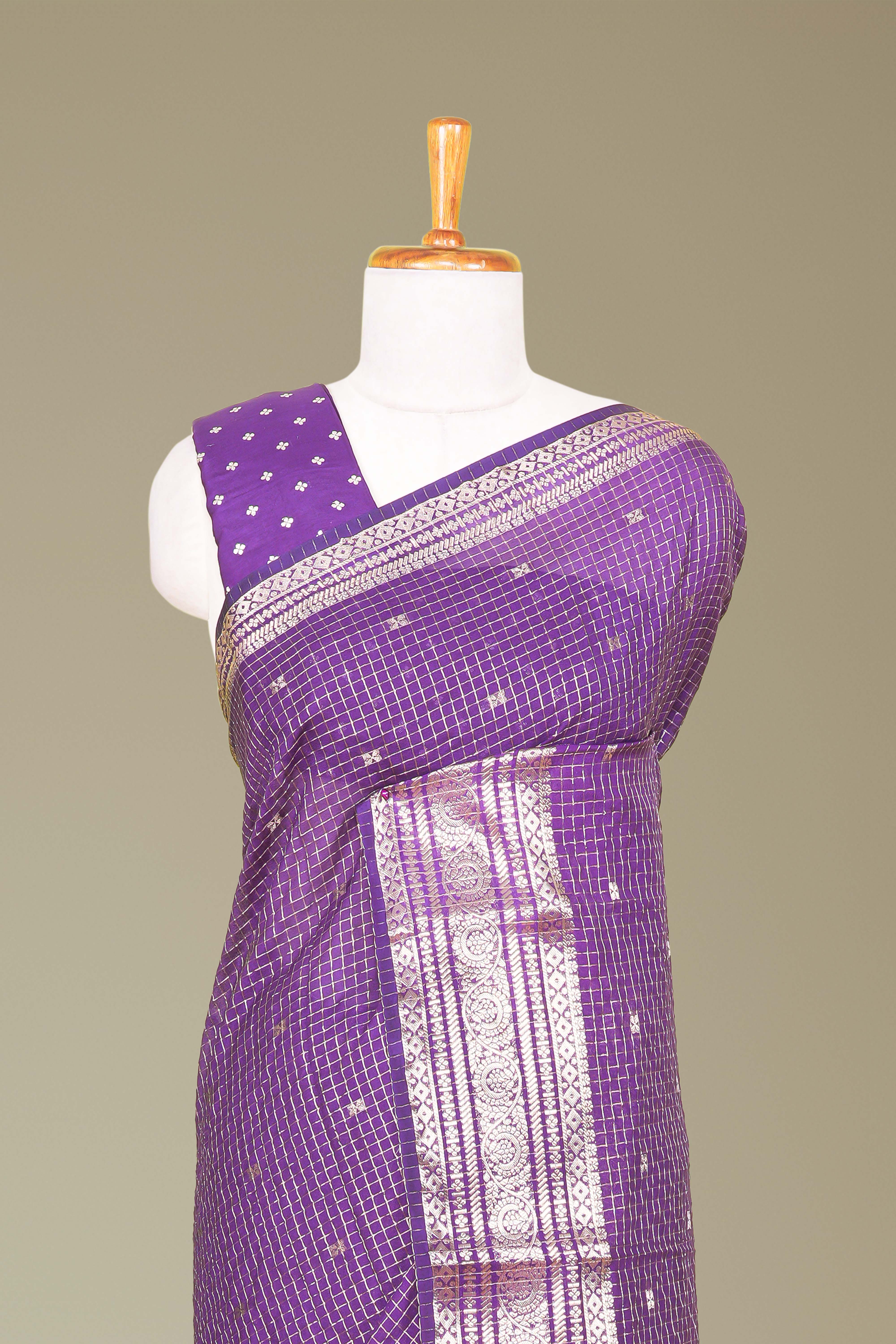 Violet Georgette Saree Golden Zari Check Pattern And Small Butta Across The Body With Zari Weaving Stripes Pallu