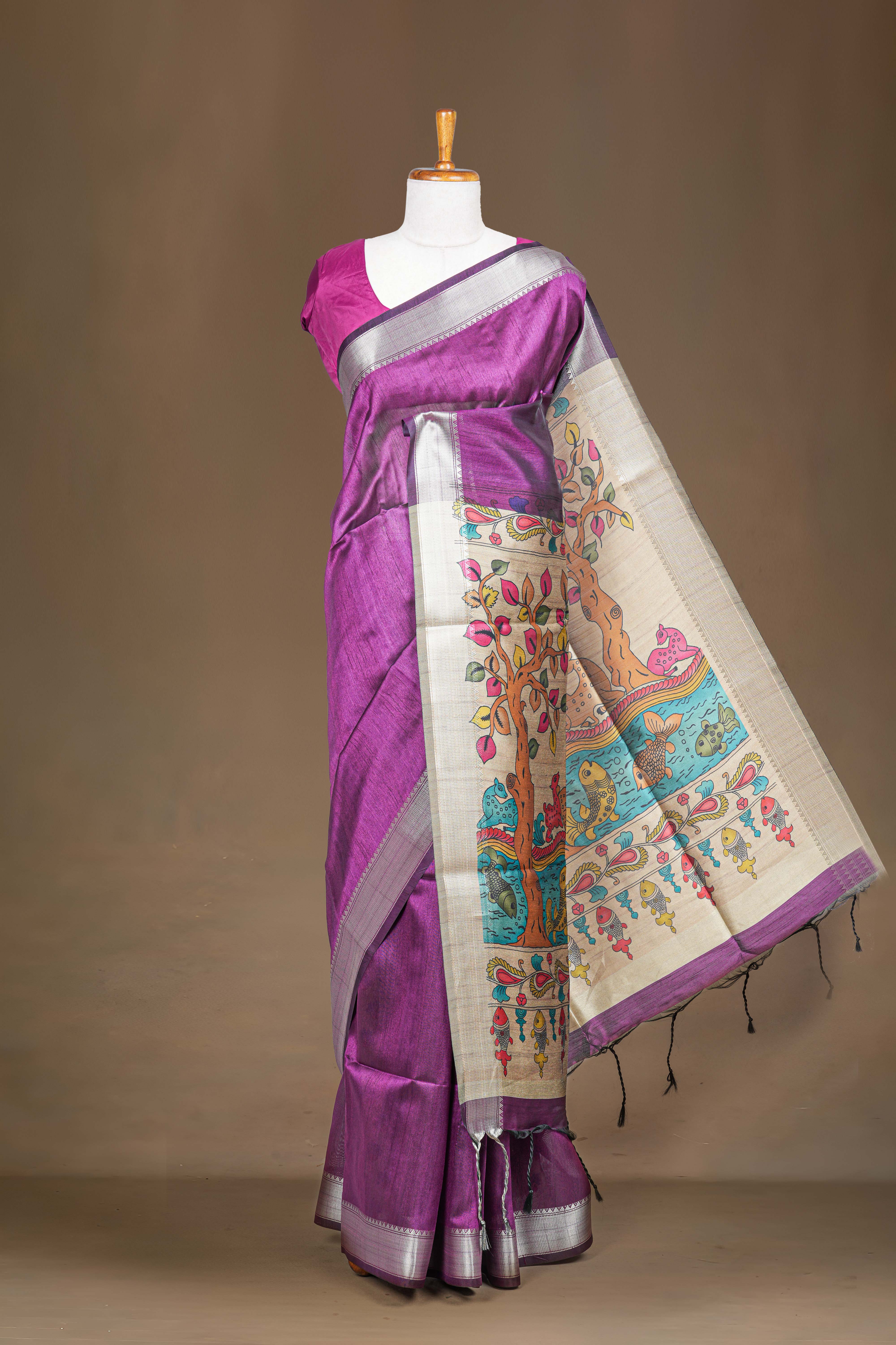Chappa Tussar Saree Plain Body With Kalamkari Print Pallu