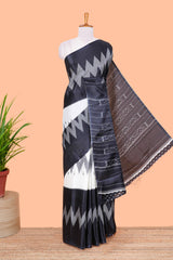 Black & white geometric ikkat style south cotton saree with striped pallu and blouse