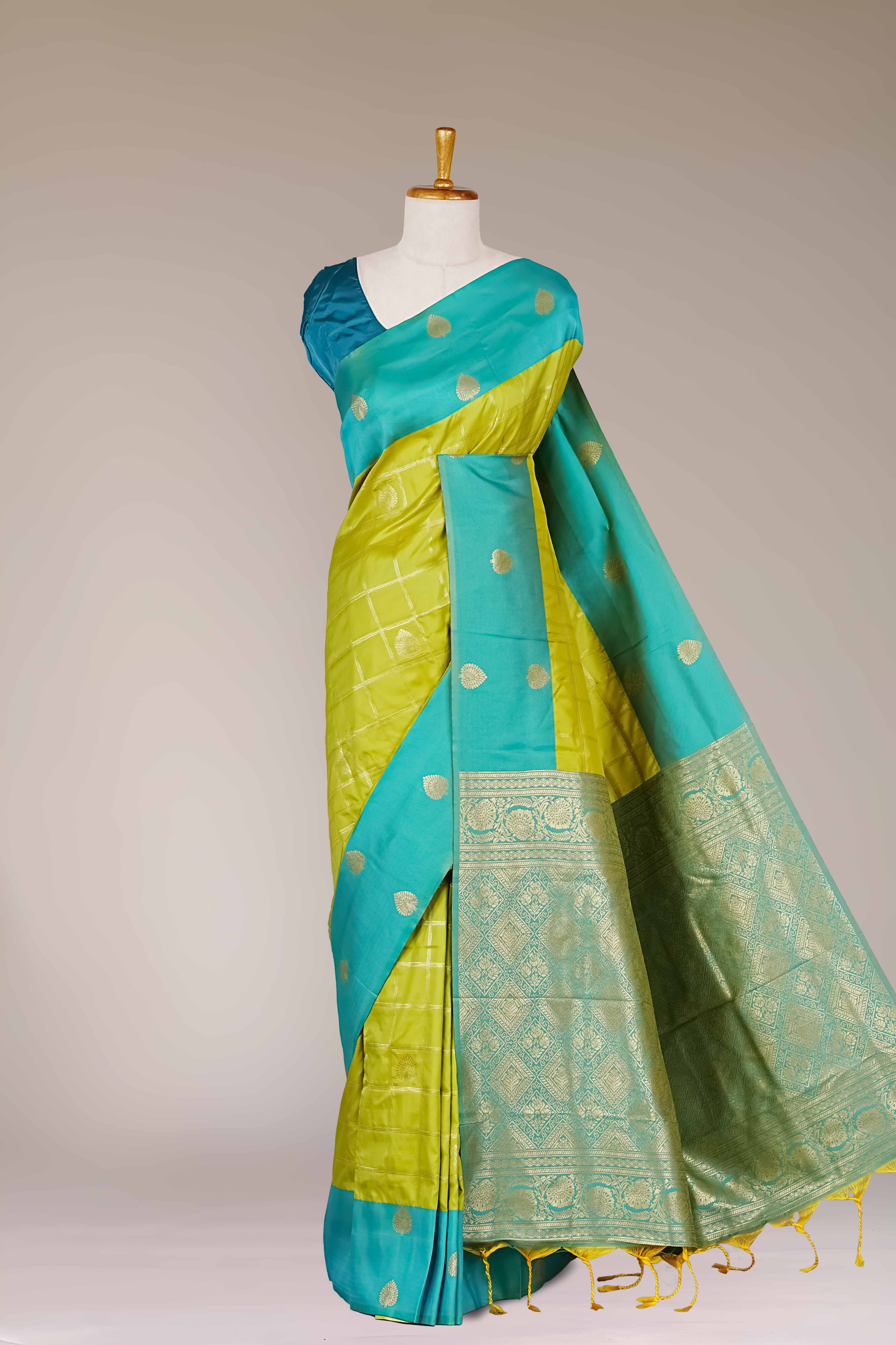 Semi Art Silk Saree Zari Check Across The Body With Contrast Pallu Along With Blouse