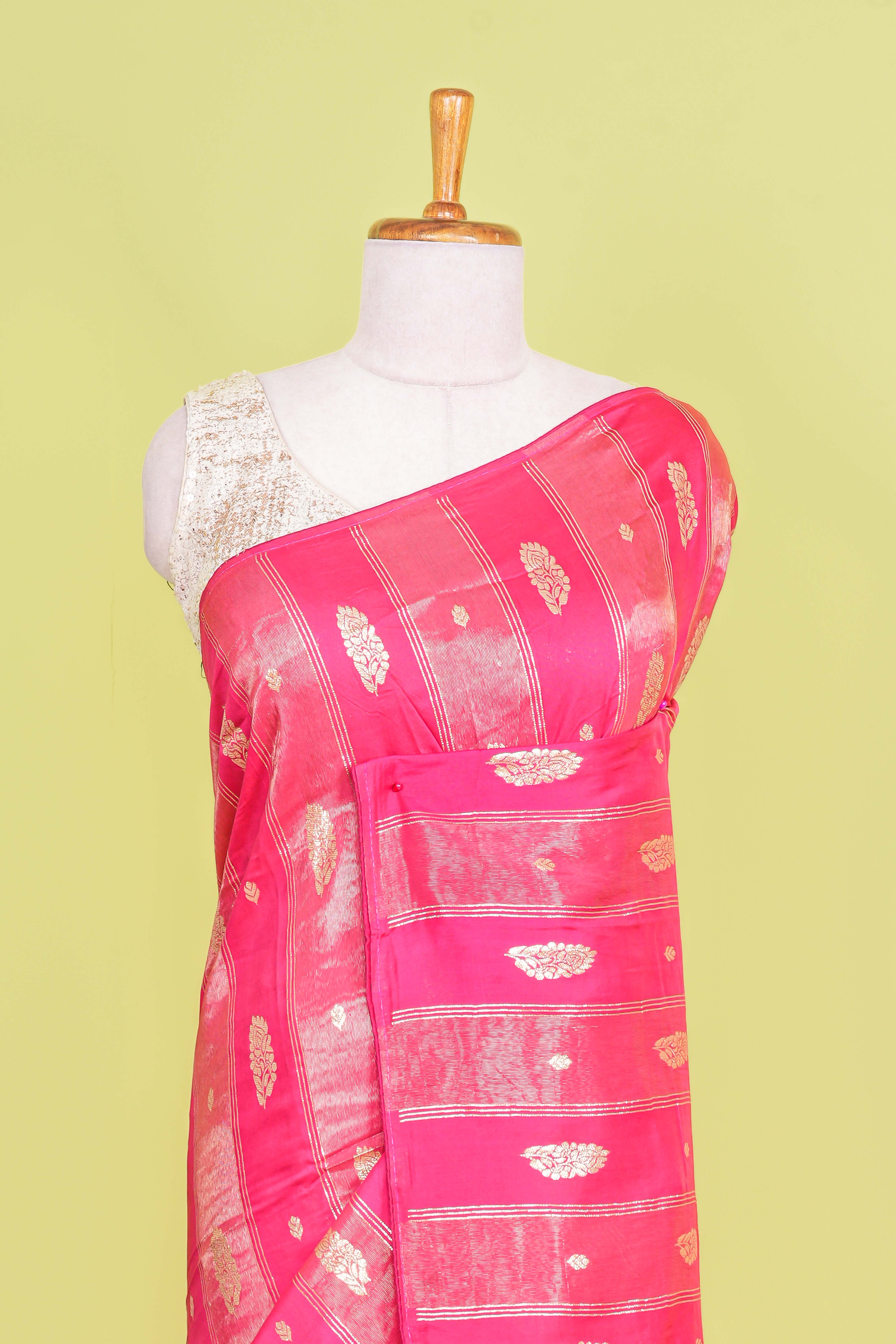 Rani Pink Viscose Georgette Saree Zari Woven Stripes, Floral Pattern Across The Body With Paisley Motifs Pallu