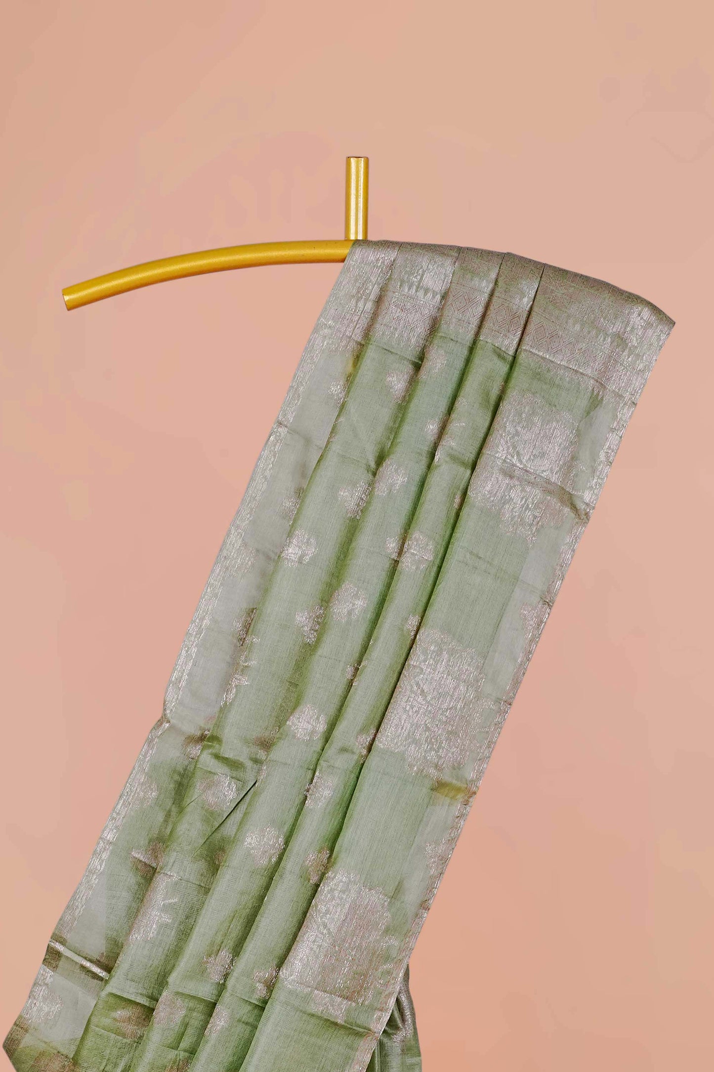 Elegant Pure Tussar Silk Saree in Pastel Olive Green with Subtle Self-Colour Butta Weave and Refined Minimalist Finish