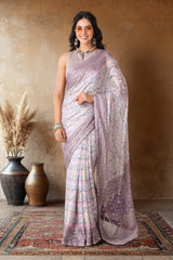 Lavender Brasso Saree Chevron DesignFoil PrintAcross The Body With Contrast Rich Pallu
