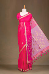 Pink Munga Cotton Zari Butta With Gold Zari Floral Design Pallu