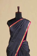 Pure Mysore Silk Saree in Charcoal Black with Contrast Pink-Gold Border and Rich Magenta Pallu