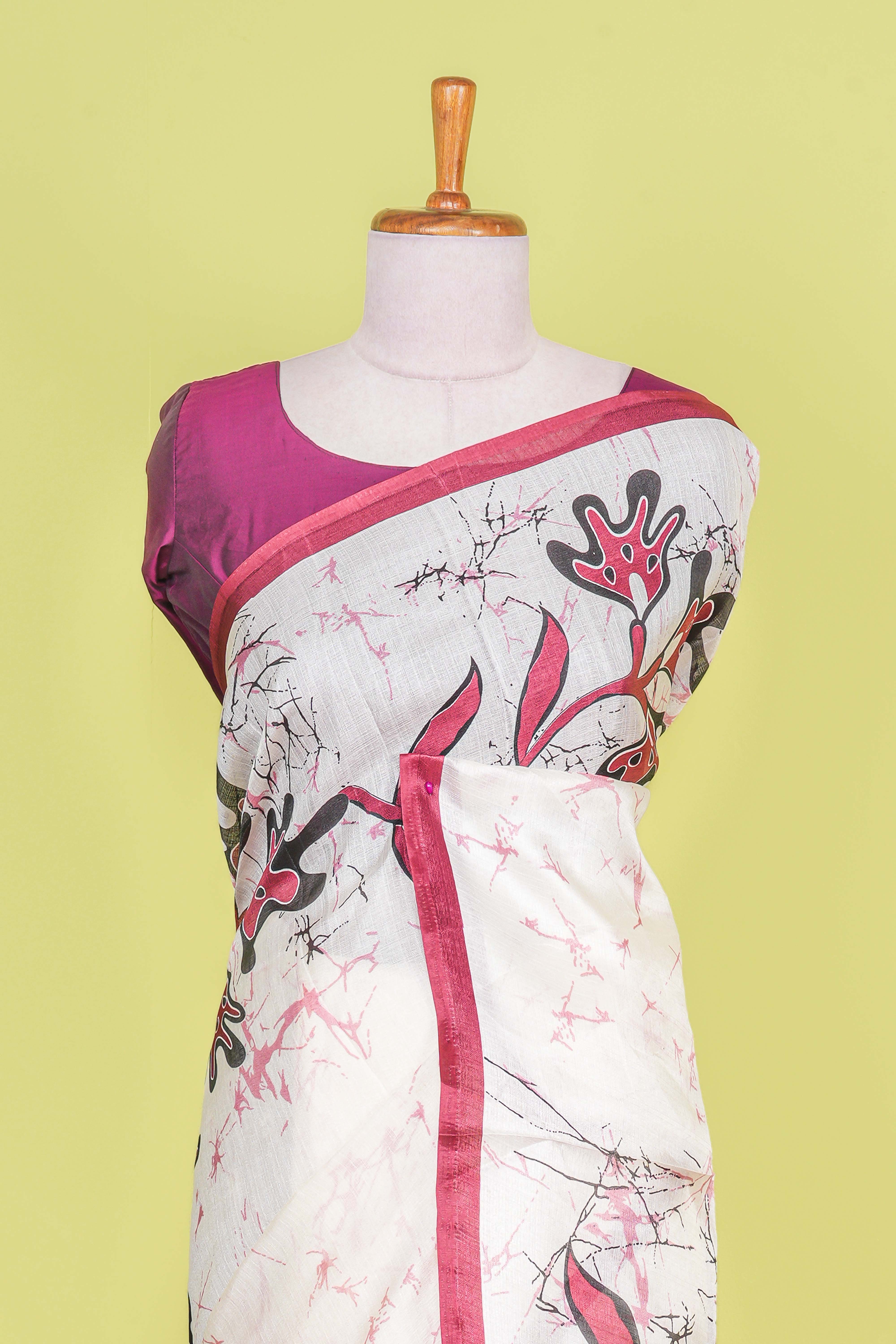 White south cotton Saree DigitalPrint Across The Body With Contrast Border