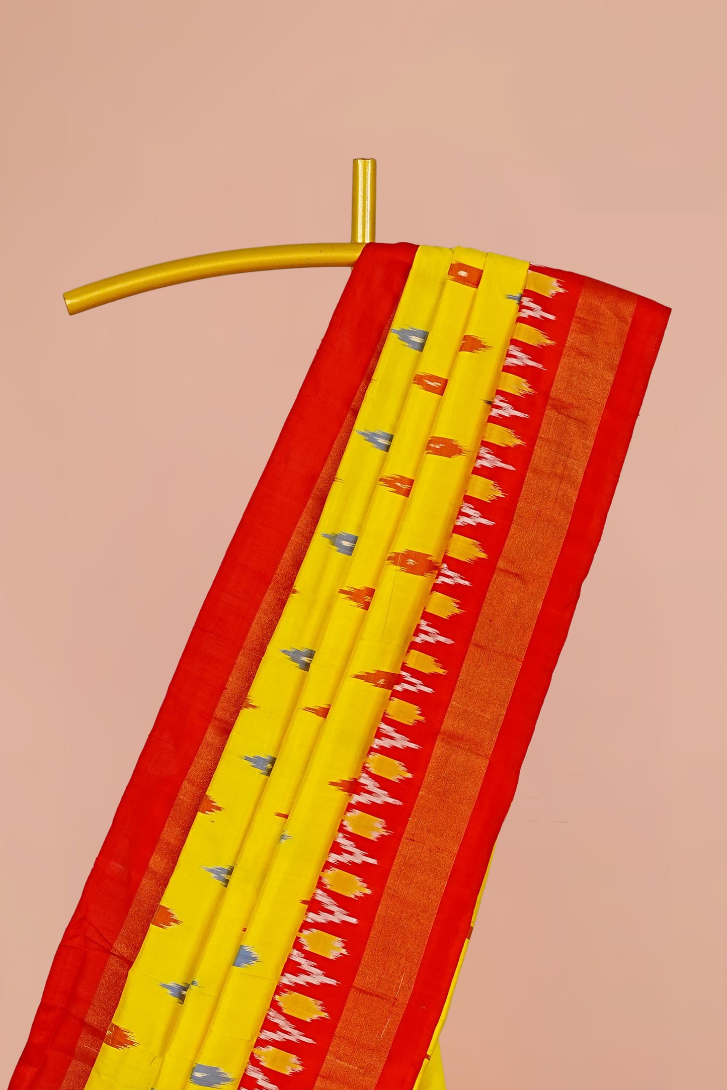 Bright Yellow Ikkat Pure Silk Saree with Geometric Motifs and Red Contrast Border