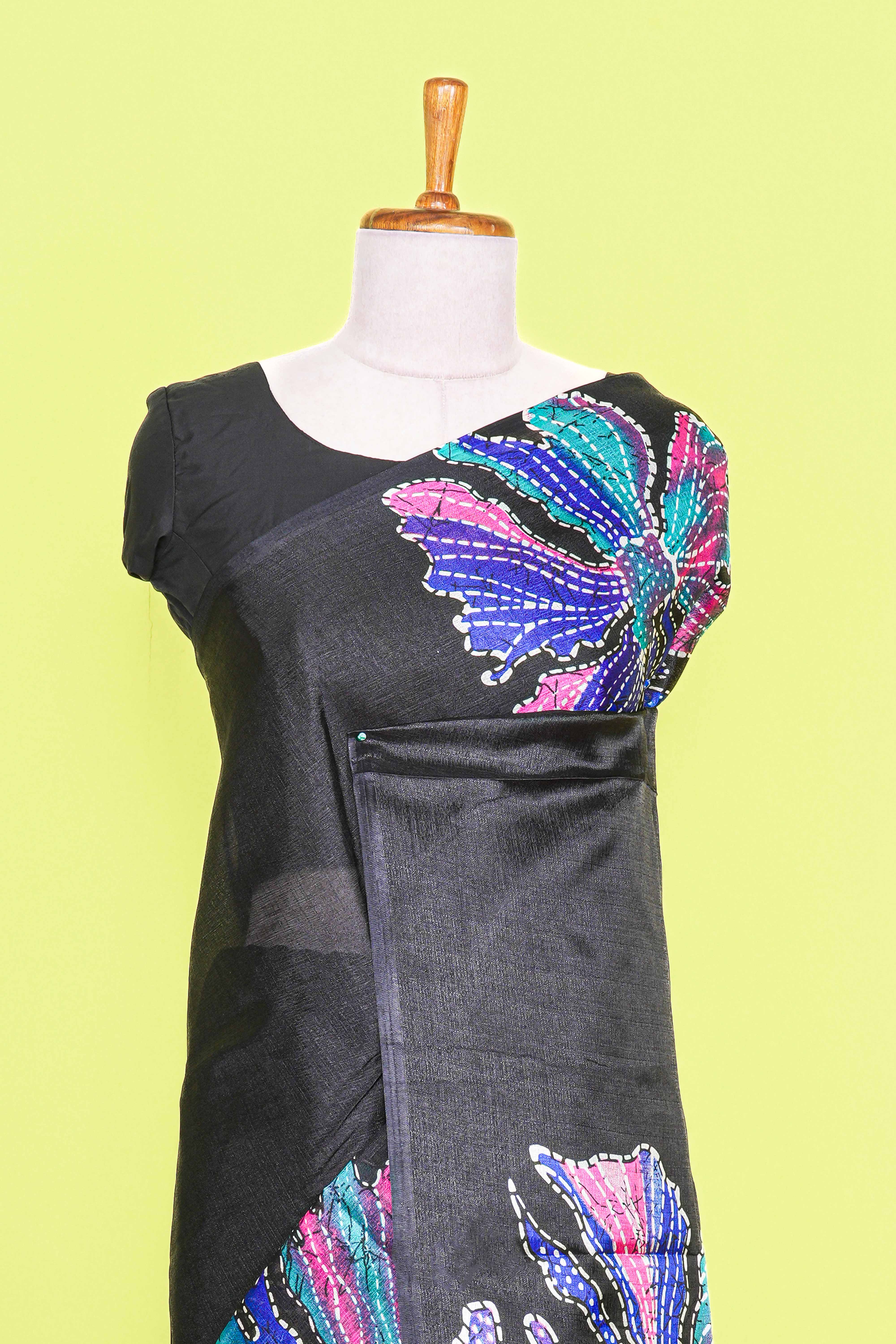 Black south cotton Saree With Multi Color Orchid Printed Across Body Along With White Dotted Blouse