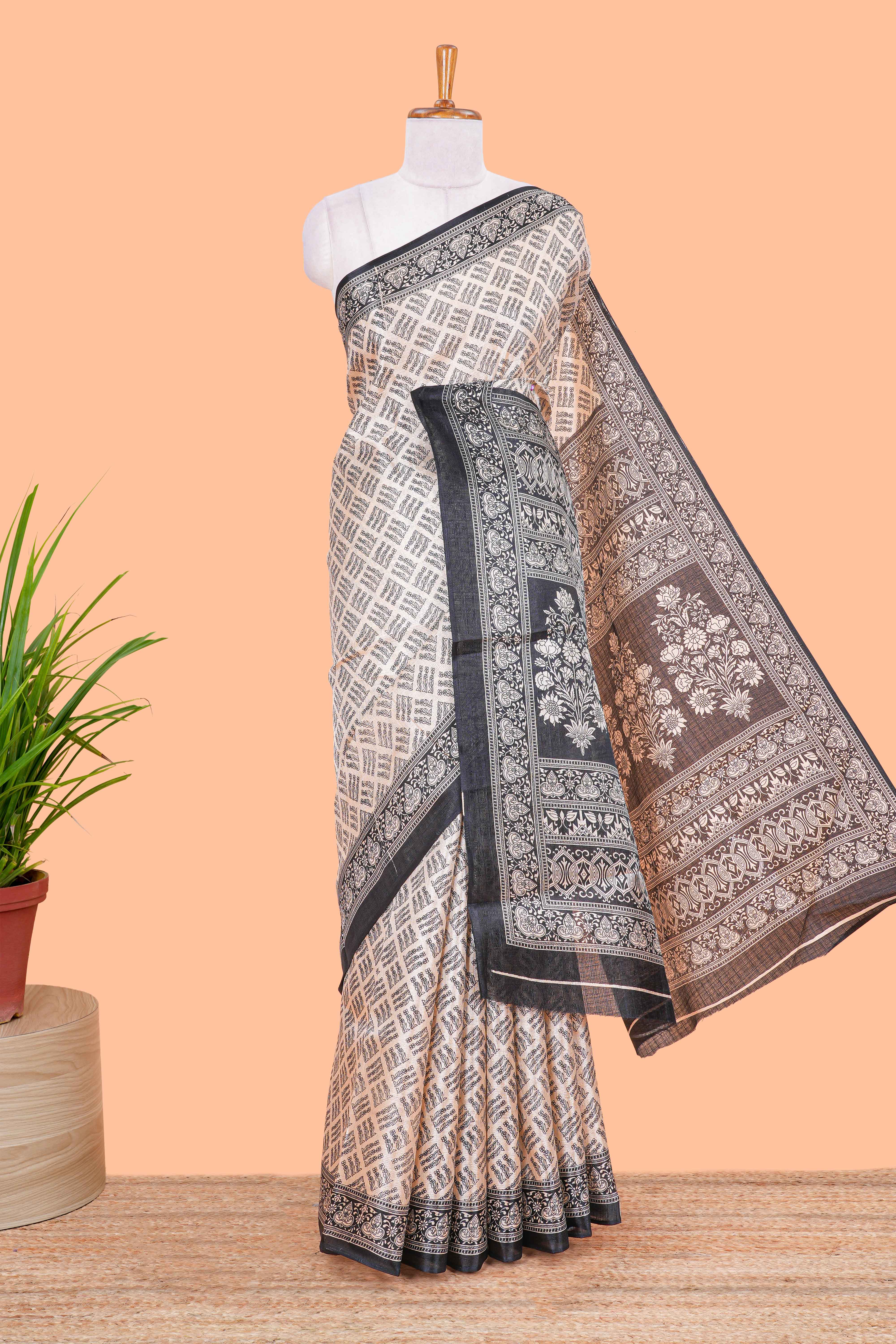 Sandal floral print all over body south cotton saree with contrast border and blouse