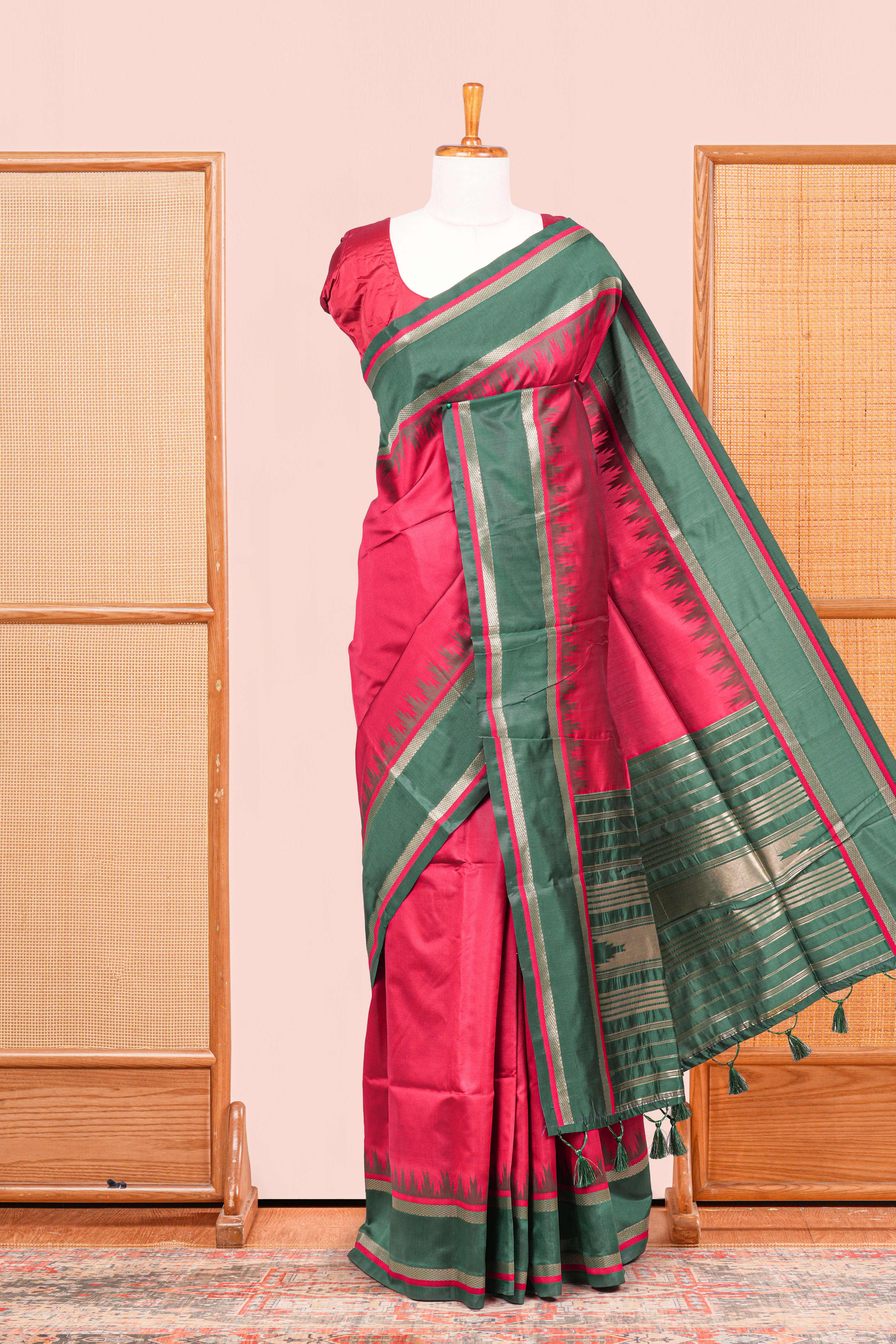 Maroon Retta Petta Art Silk Saree With Plain Body Retta Petta Border Contrast Intricate Gold Zari Stripes Pallu Along With Geometric Motifs Blouse