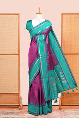 Purple Retta Petta Art Silk Saree With Plain Body Retta Petta Border Contrast Intricate Gold Zari Stripes Pallu