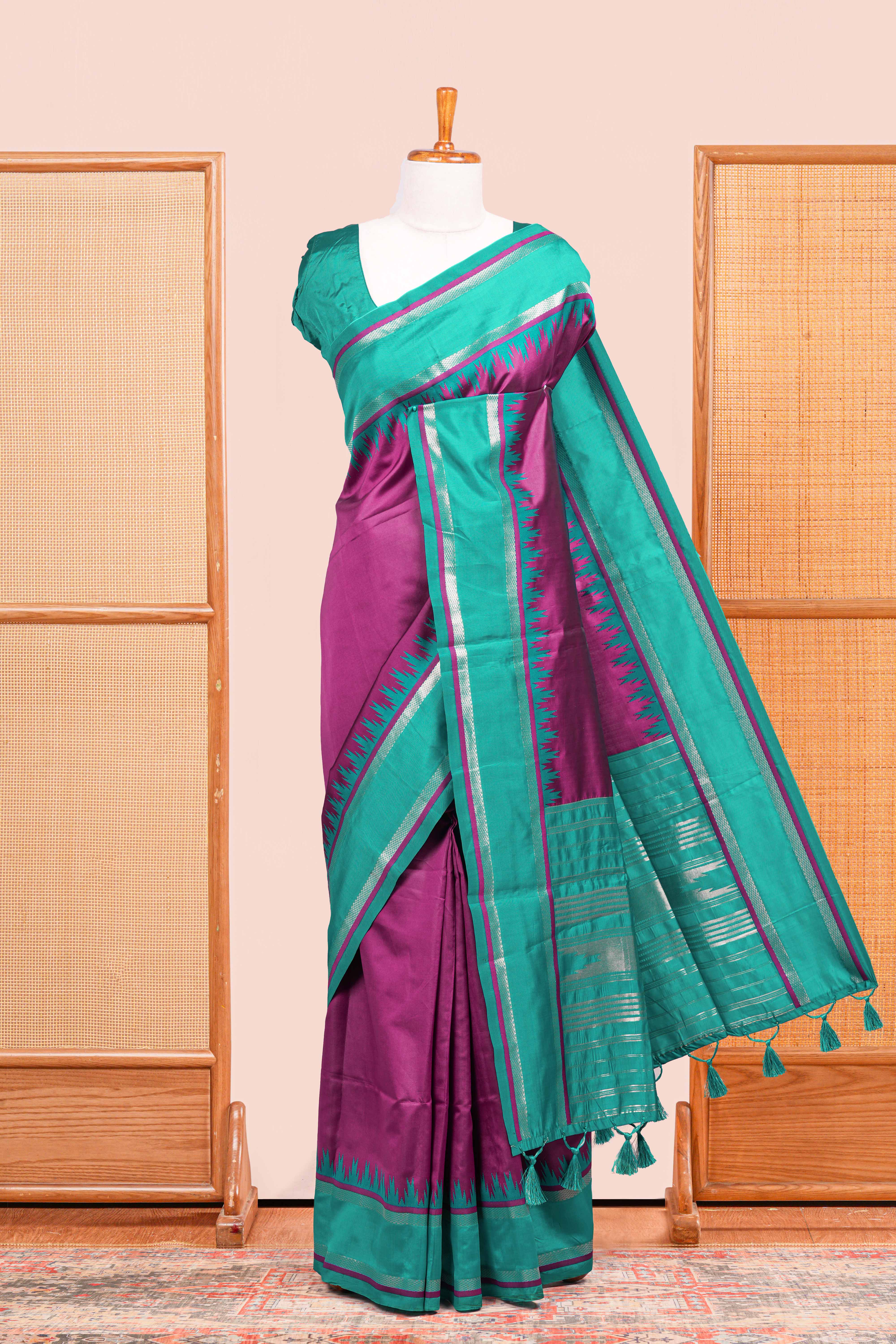 Purple Retta Petta Art Silk Saree With Plain Body Retta Petta Border Contrast Intricate Gold Zari Stripes Pallu