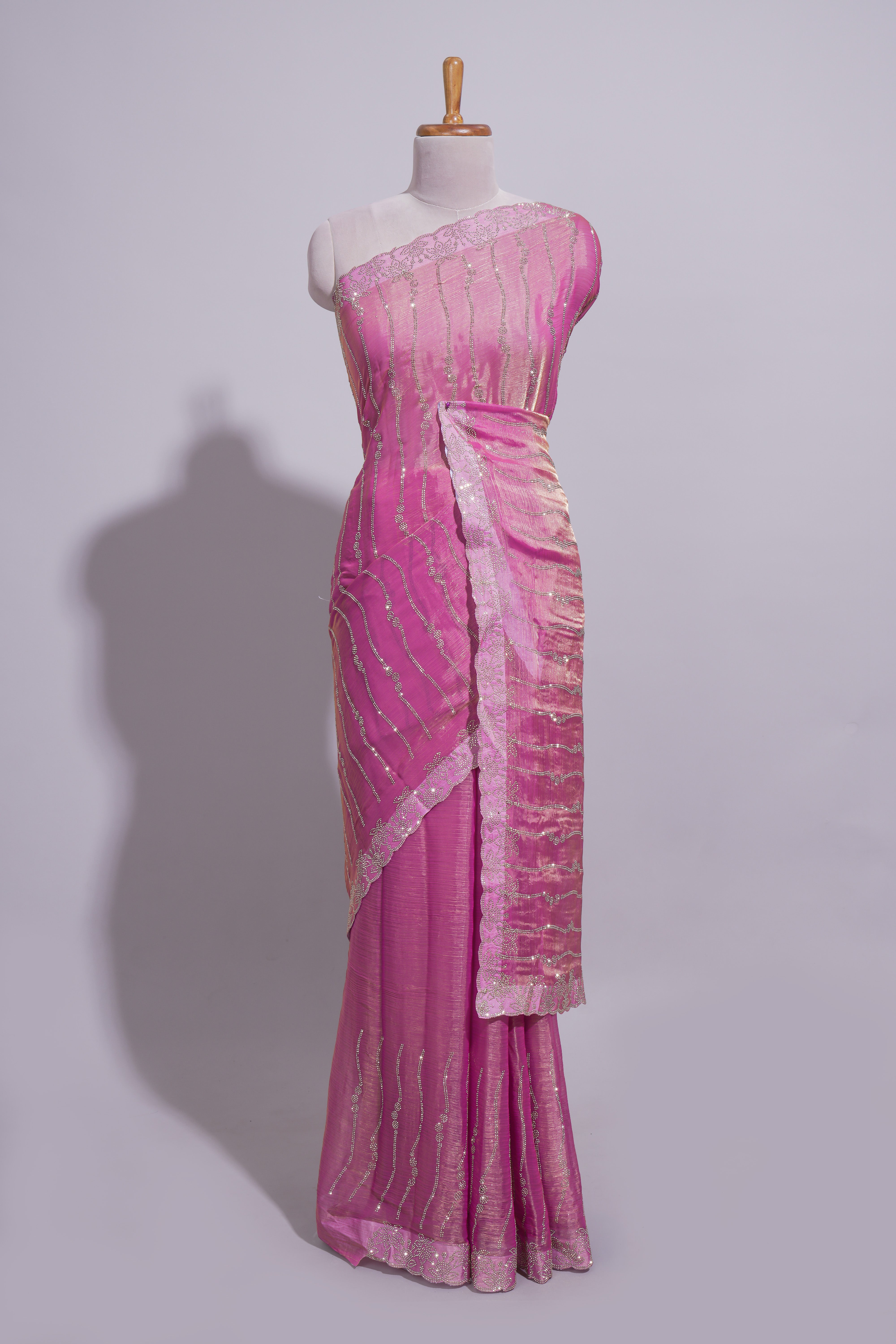 Pink wave embroidery work designer saree with self border and matching blouse