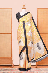 Yellow Modal Silk Saree Lightweight ,Flowy. Chevron Design Contrast Border