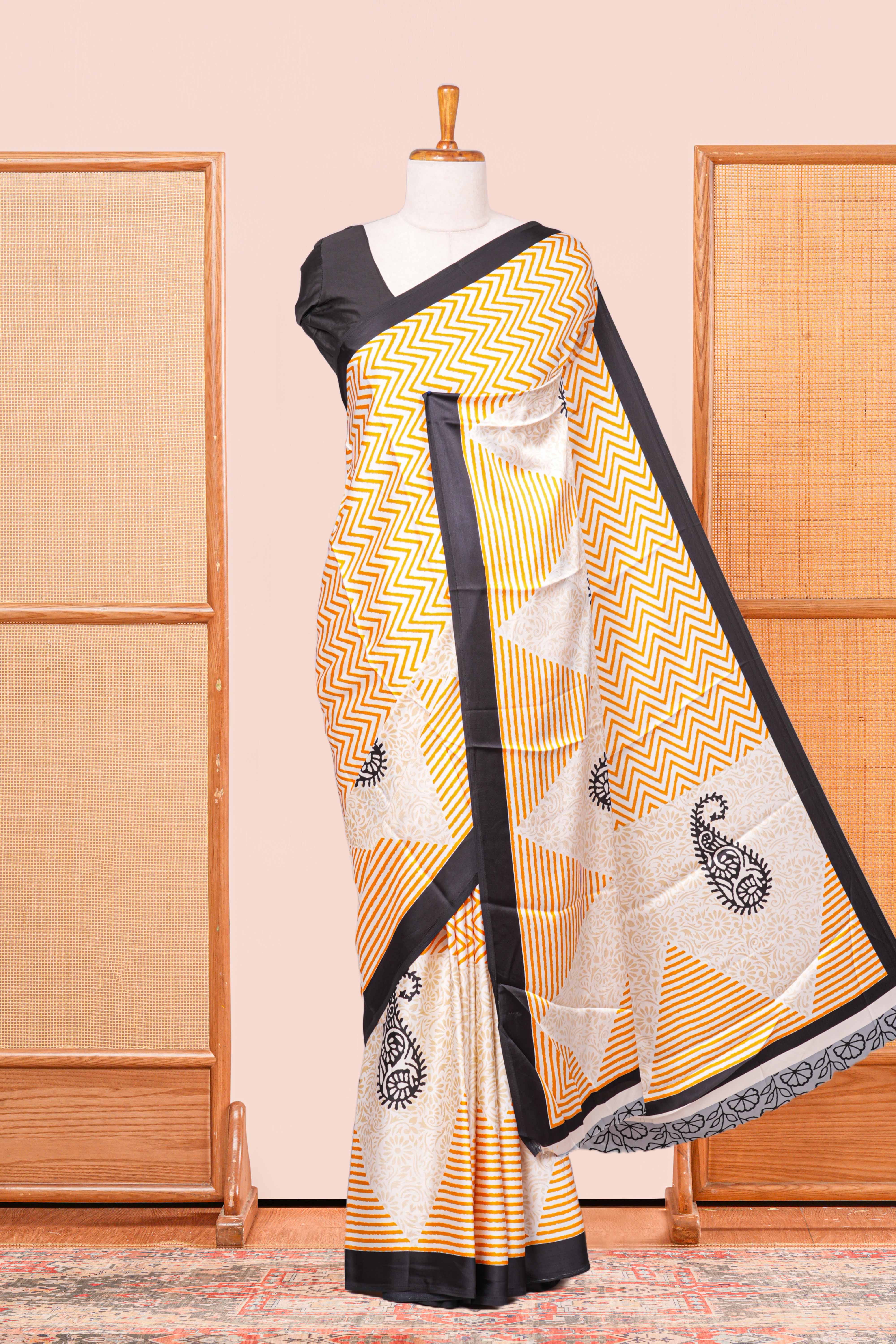 Yellow Modal Silk Saree Lightweight ,Flowy. Chevron Design Contrast Border