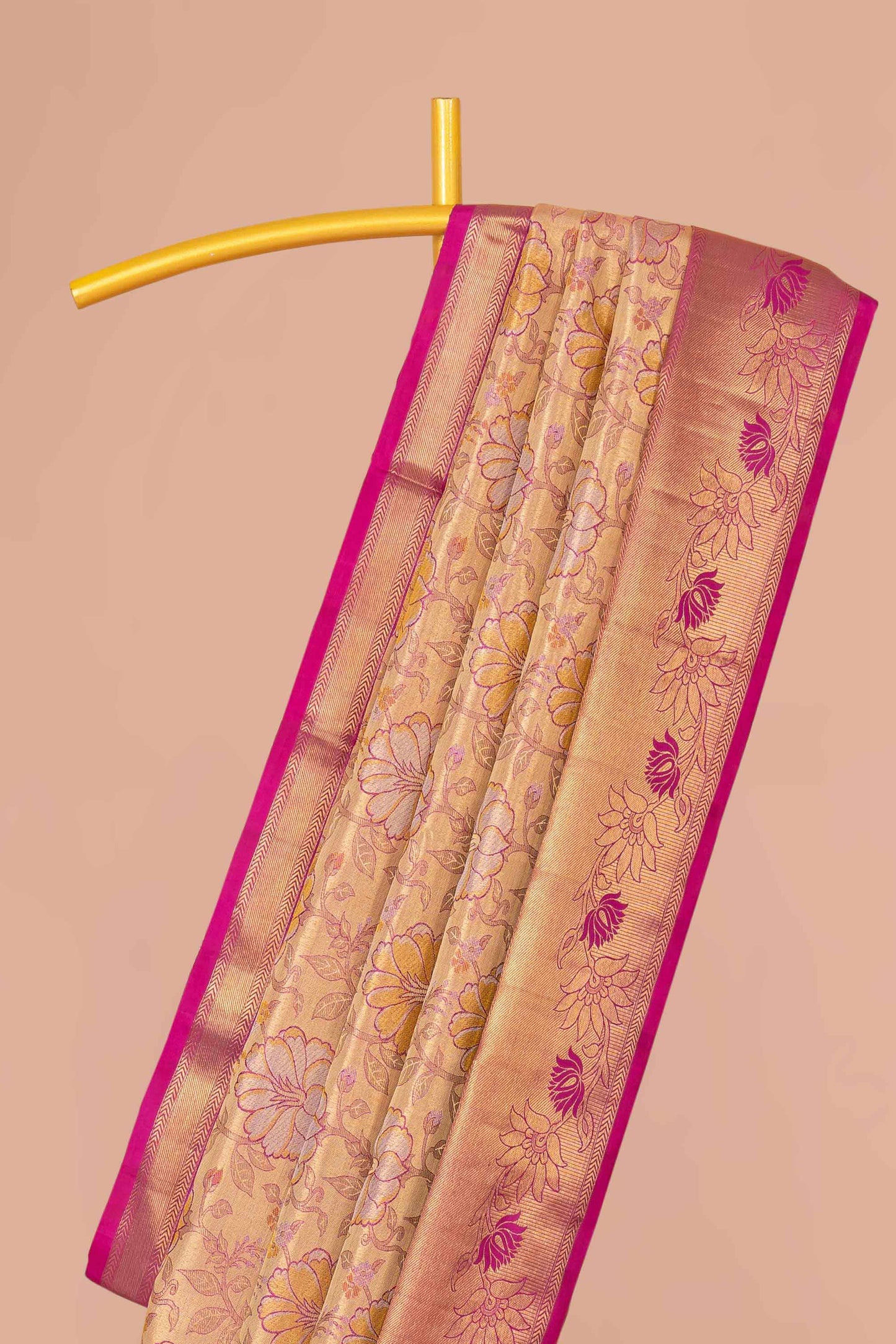 Beige Tissue Kancheepuram Pattu With Magenta Zari Border And Floral Woven Design