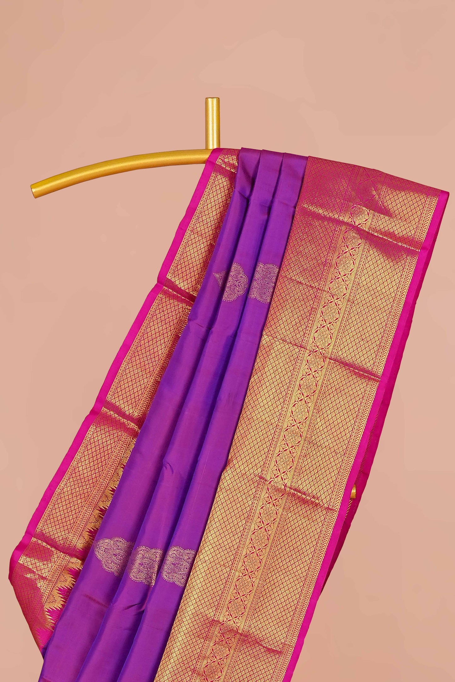 Purple & Pink Border Kanchipuram Pure Silk Saree with Gold Zari Butta and Contrast Pallu