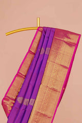 Purple & Pink Border Kanchipuram Pure Silk Saree with Gold Zari Butta and Contrast Pallu