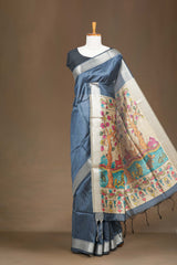 Chappa Tussar Saree Body Plain With Kalamkari Print Pallu Along With Flower Motifs Blouse