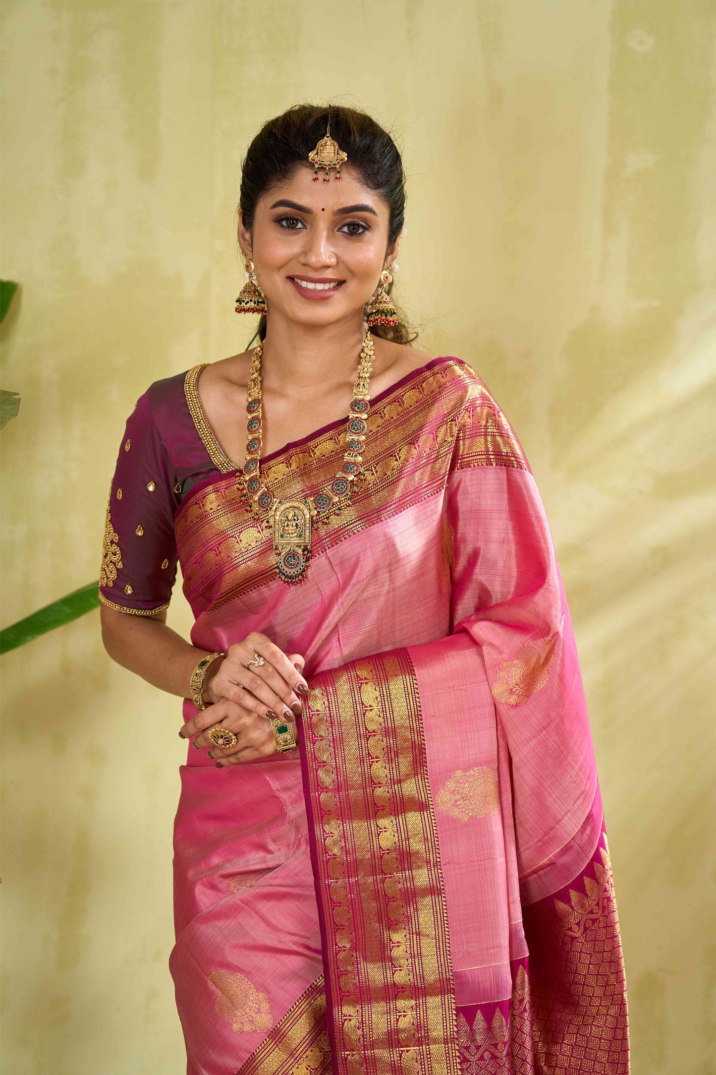 Kanchipuram Traditional Silk Saree in Baby Pink with Contrast Maroon Border