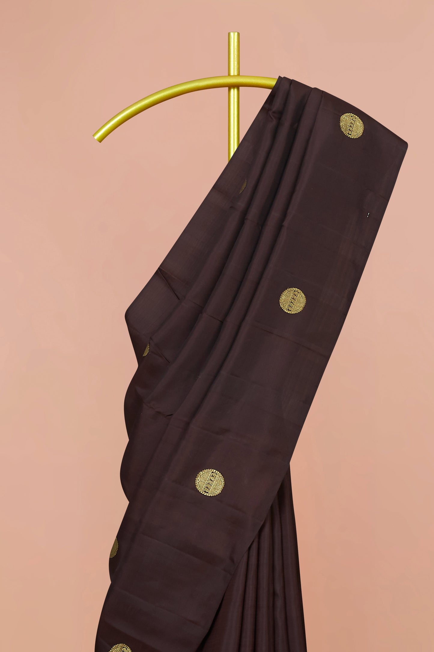 Deep Coffee Brown Borderless Kanchipuram Pure Silk Saree with Gold Round Zari Buttas and Contrasting Yellow Pallu