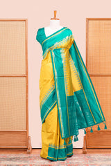 Yellow Retta Petta Art Silk Saree With Plain Body Retta Petta BorderContrast Intricate Gold Zari Stripes Pallu
