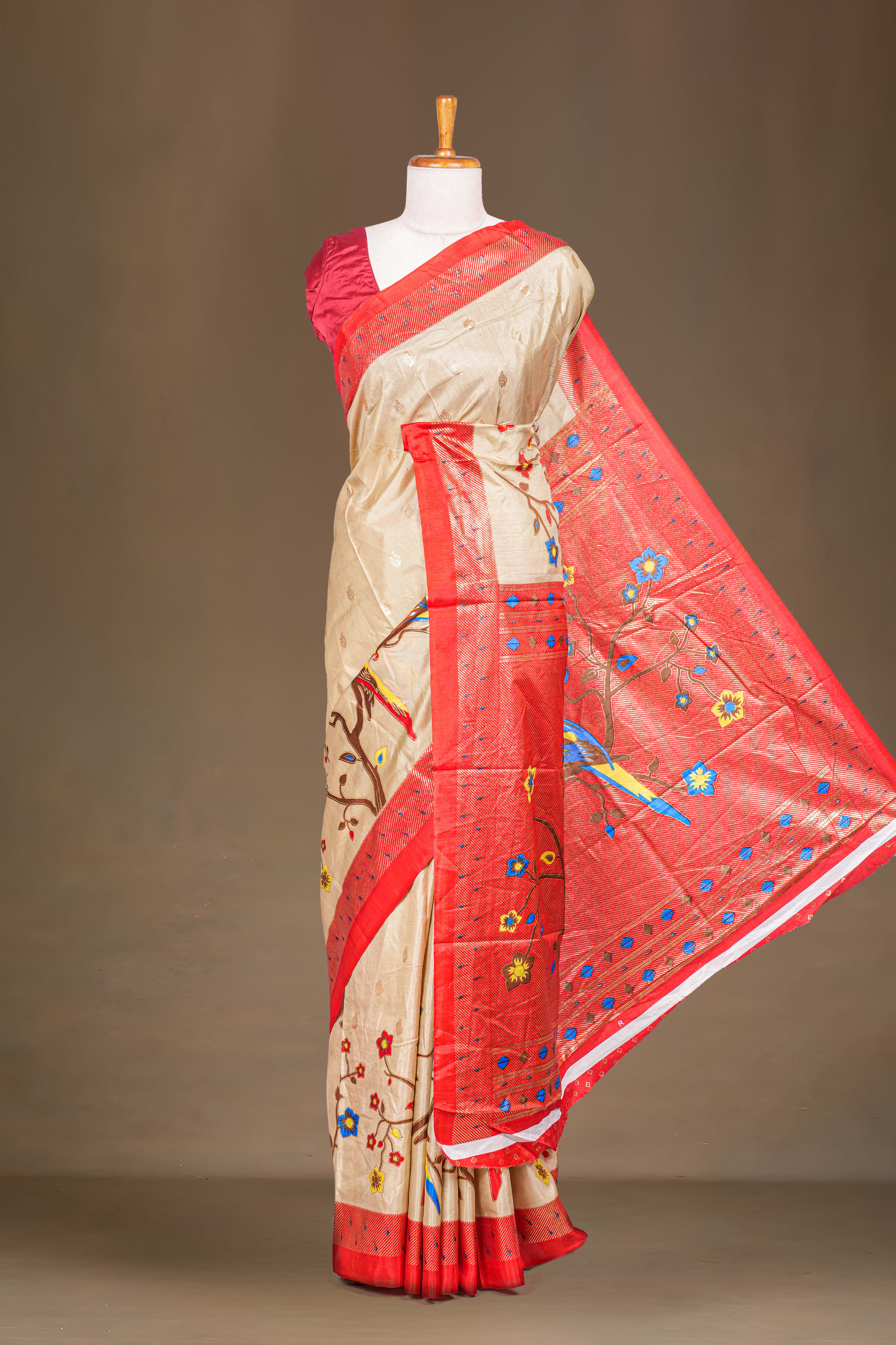 Semi Banaras Paithani Saree Foil Print Across The Body With Contrast Pallu