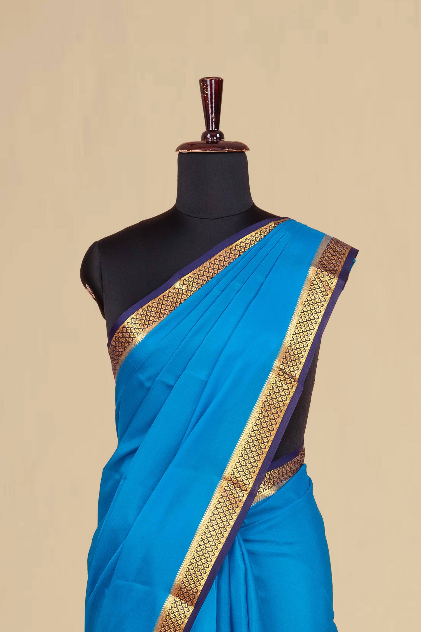 Elegant Sky Blue Pure Mysore Silk Saree with Rich Gold Zari Contrast Border, Subtle Butta Detailing & Deep Navy Blue Pallu
