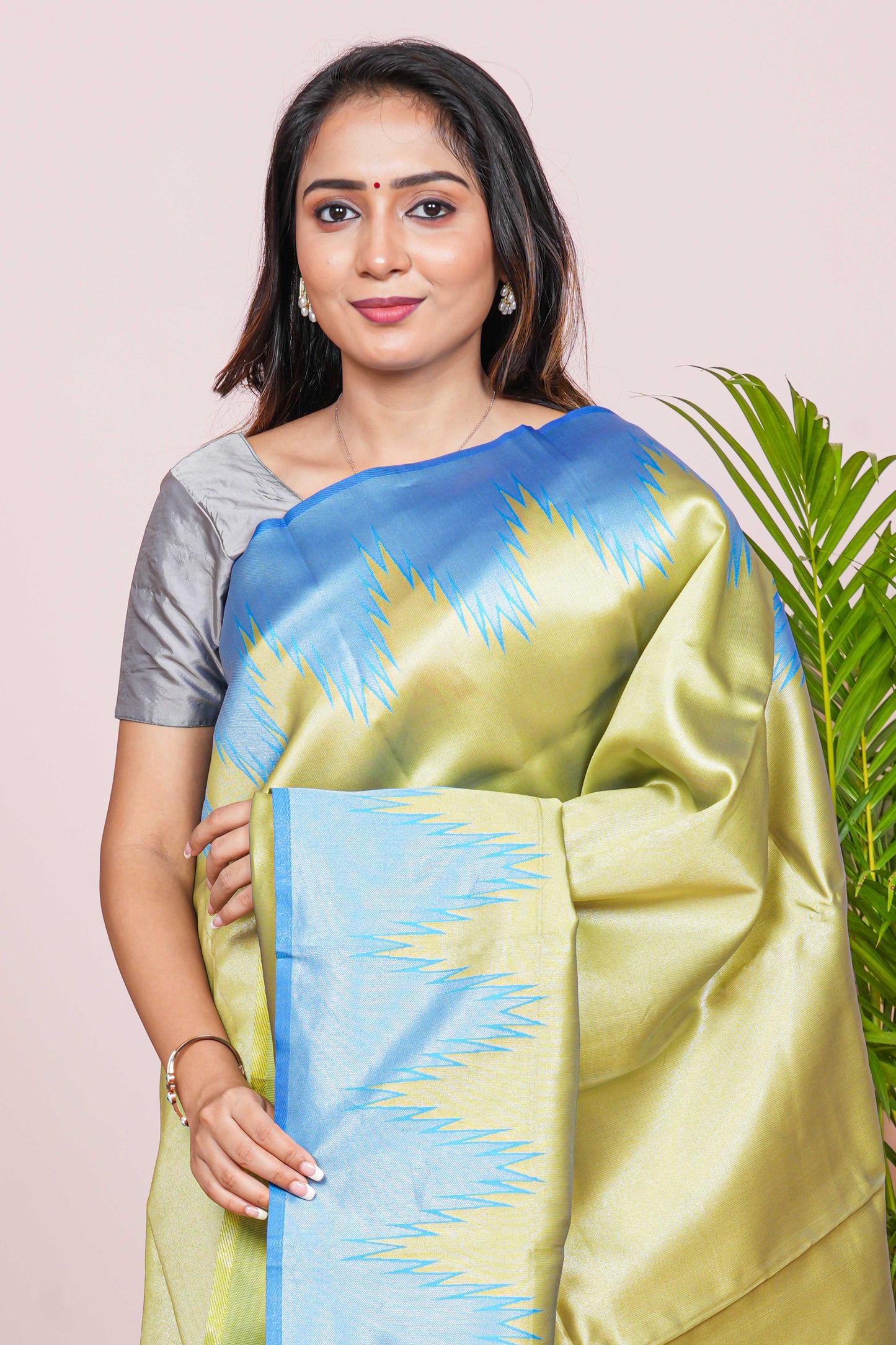 GREEN TISSUE SAREE WITH BLUE BORDER