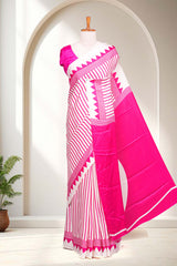 White Modal Silk Saree Lightweight Contrast Vertical Line Printed With Temple Border Circle Butta Design Pallu