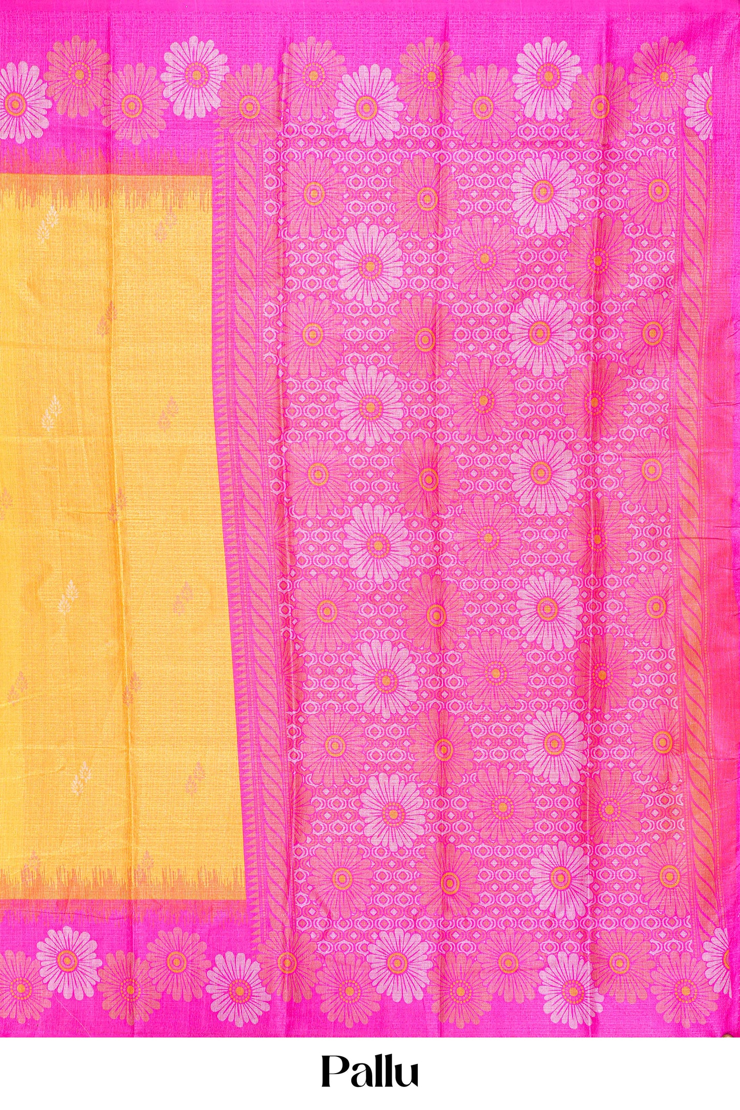 yellow kathi slk saree with contrast pink pallu