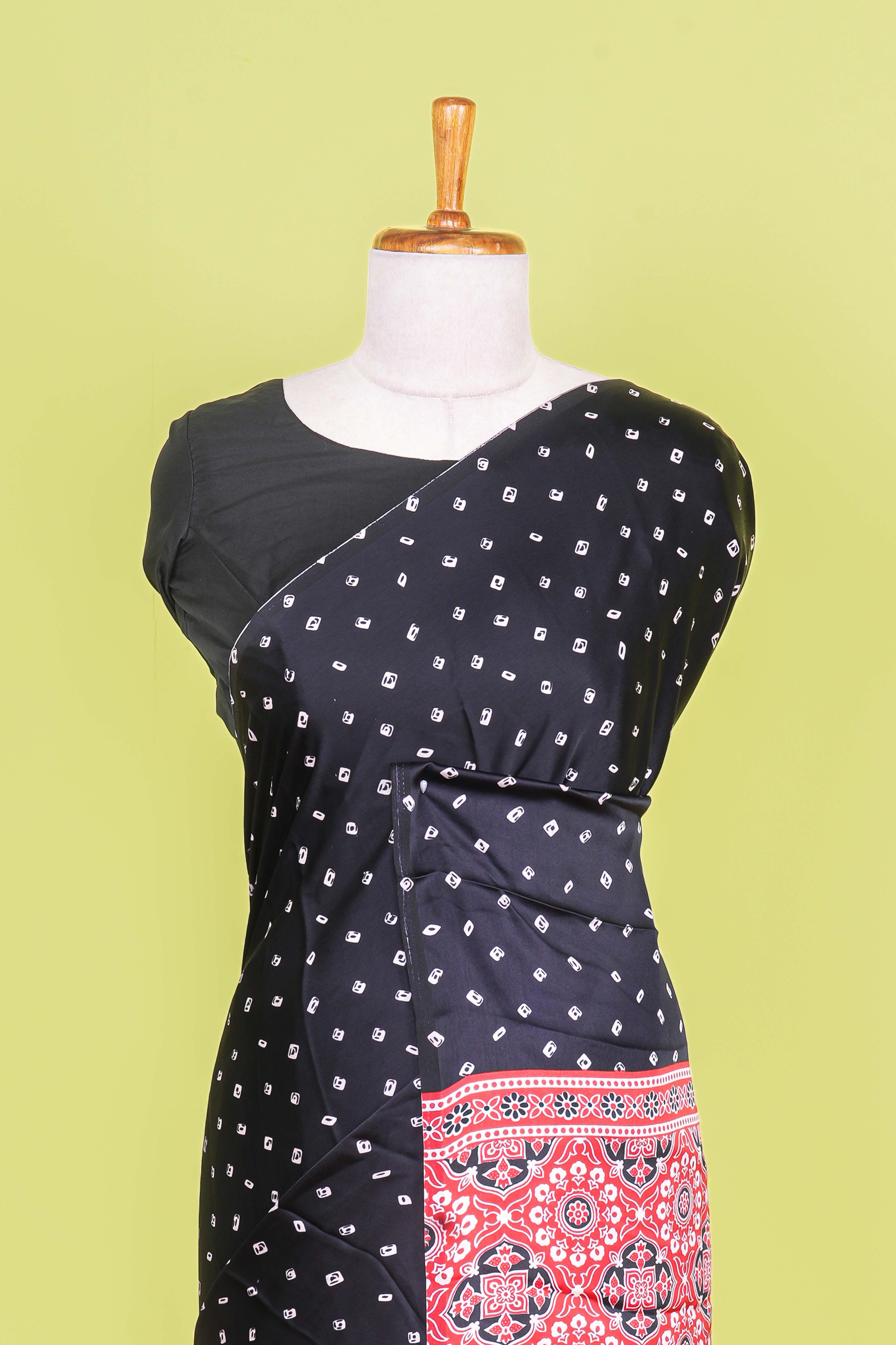 Black Modal Silk Saree Bandhani Print Across The Body With Ajrakh Design Pallu Along With Blouse
