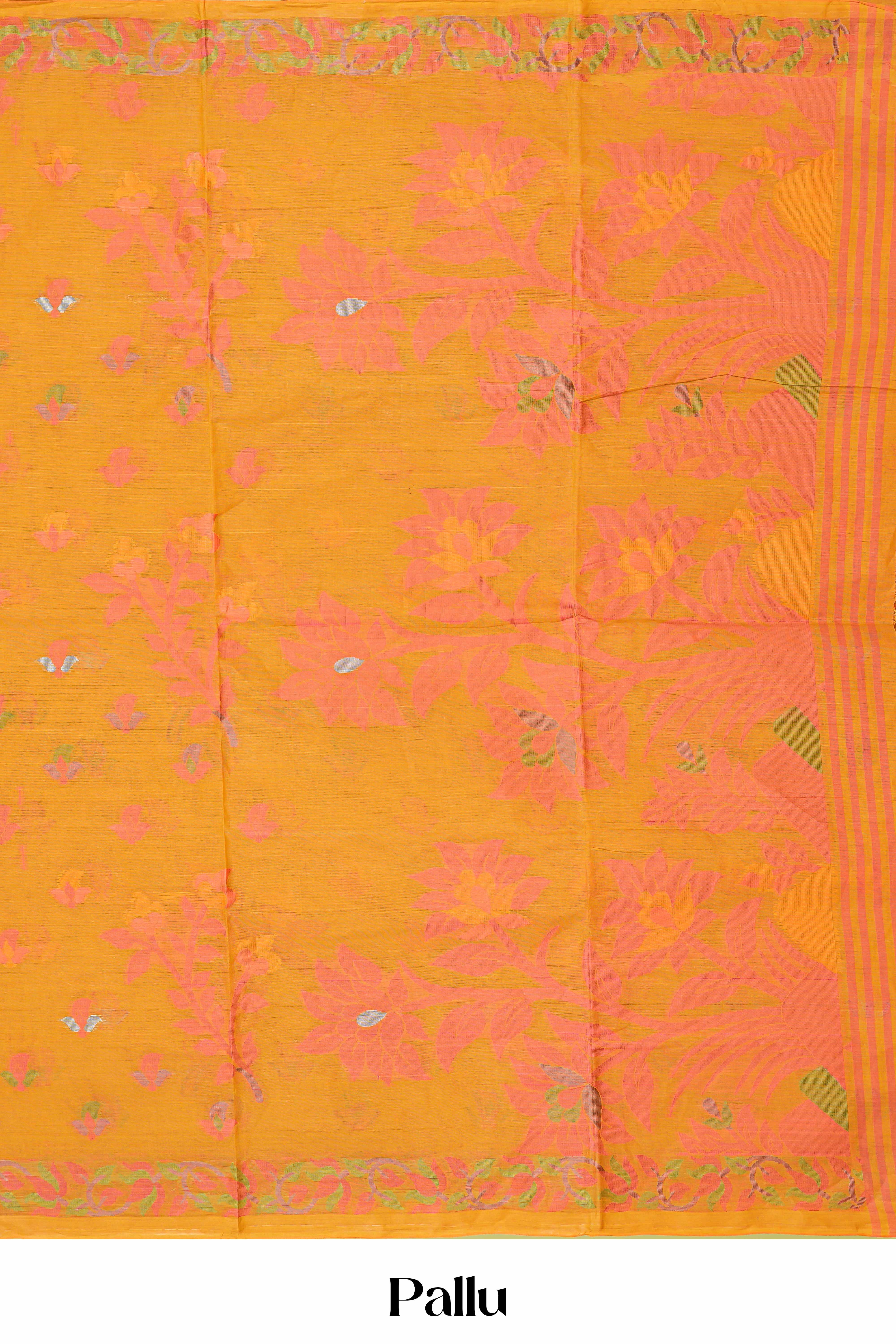 Yellow Bengal Cotton Saree All-Over Floral Vine Design