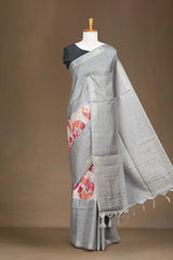 Grey Art Tussar Saree Traditional Madhubani Print Across The Body With Zari Stripes Pallu