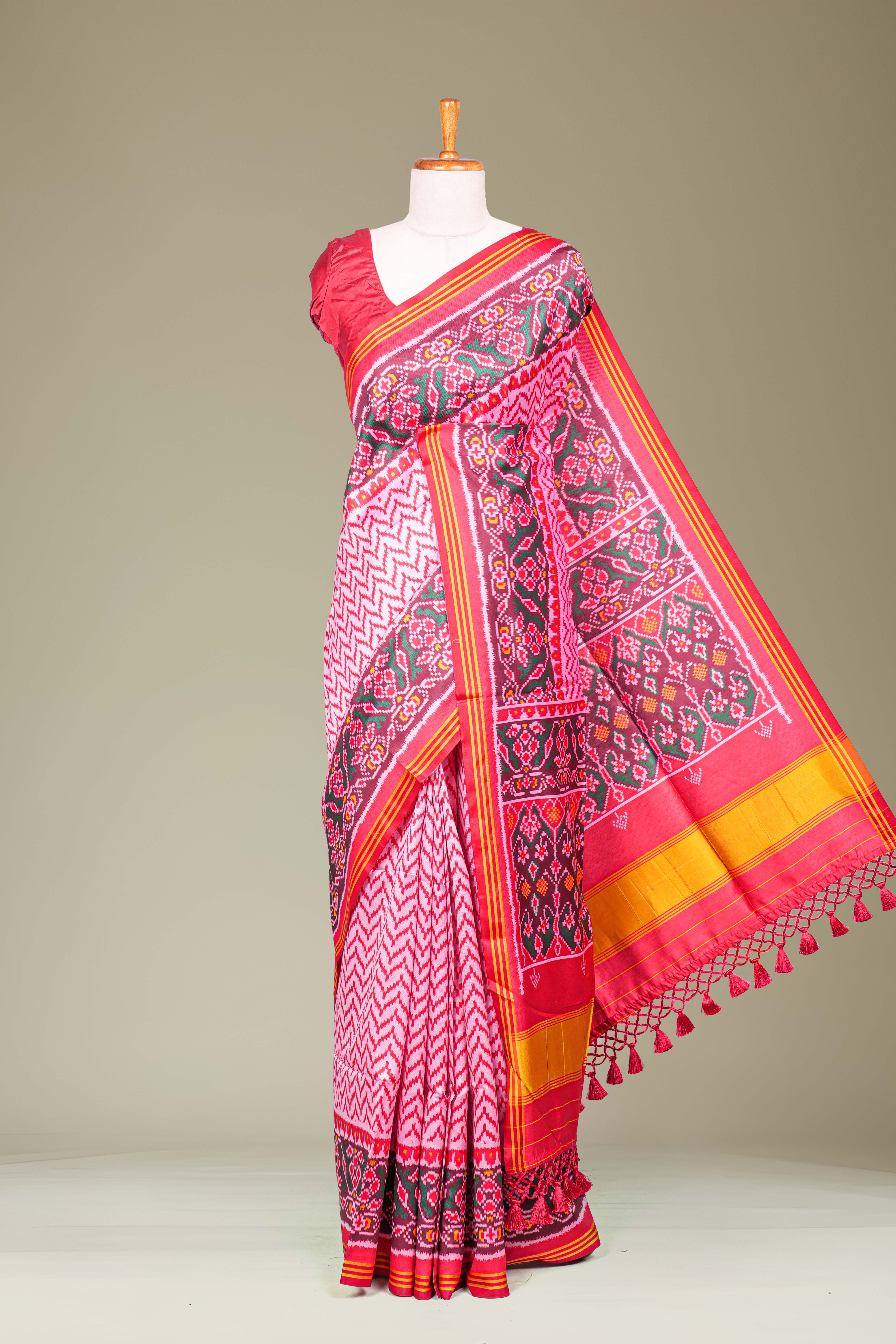 Red Art Silk Saree Chevron Design Across The Body With Contrast BorderPatola Design Pallu Along Blouse